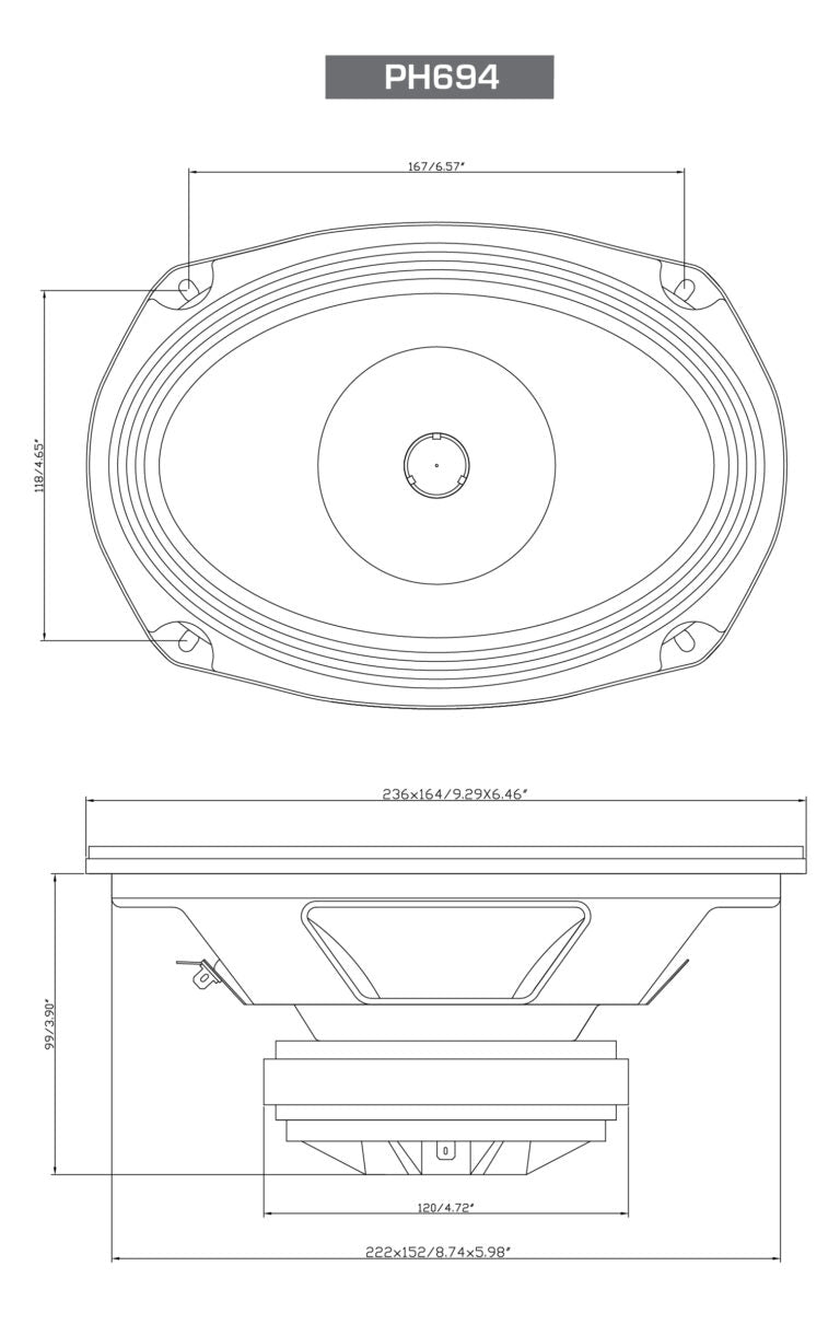 Technical diagram of the 6"x9" 2-Way Pro Full-Range Coax Horn Speakers, model PH694, shows an oval top view measuring 167x237mm. The side view reveals an 82mm depth and a circular base labeled 122mm. Measurements are in black on a white background for clarity and detail.