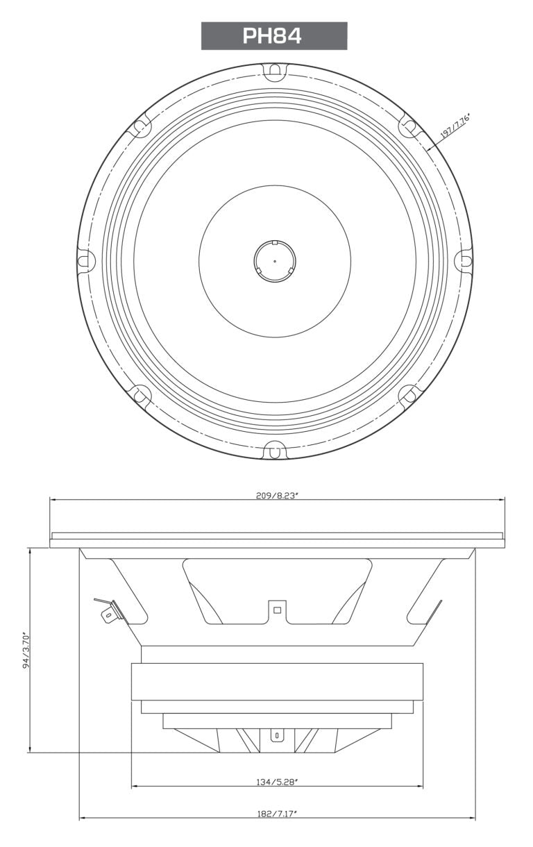 The technical drawing showcases the 8" 2-Way Pro Full-Range Coax Horn Speaker - PH84 from Cerwin-Vega, illustrating front and side views. The speaker features a central dome in front and cone with magnet in side view. Its dimensions are a 209.8 mm diameter and 134.5 mm depth, plus marked minor measurements.