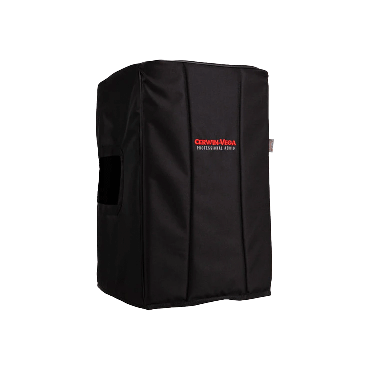 The CVE Protective Covers feature a black design with a red Cerwin-Vega Professional Audio logo on the front, reinforced seams, and a side handle cutout for easy transportation while maintaining a sleek appearance.