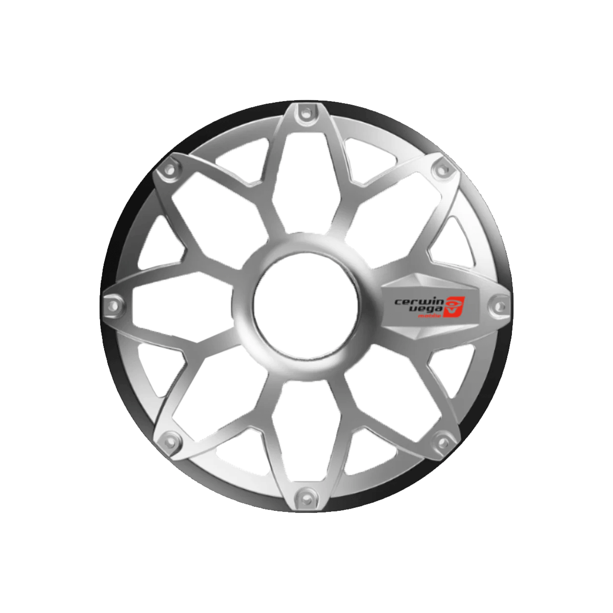 The RPM Stroker 10" Flush Mount Speaker Grill, Pair (Brushed Aluminum/Black), features a star-like design reminiscent of a car wheel rim. The center is hollow, spokes are bolt-secured at the perimeter, and one spoke sports the red and black "Cerwin Vega" logo. The brushed aluminum edge adds a sleek black finish.