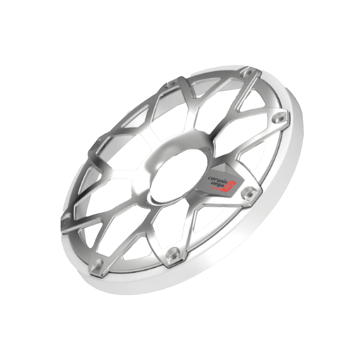 The RPM Stroker 10" Flush Mount Speaker Grill features a multi-spoke, geometric design and polished finish. A red logo adds a touch of color to its side perspective against a white background.