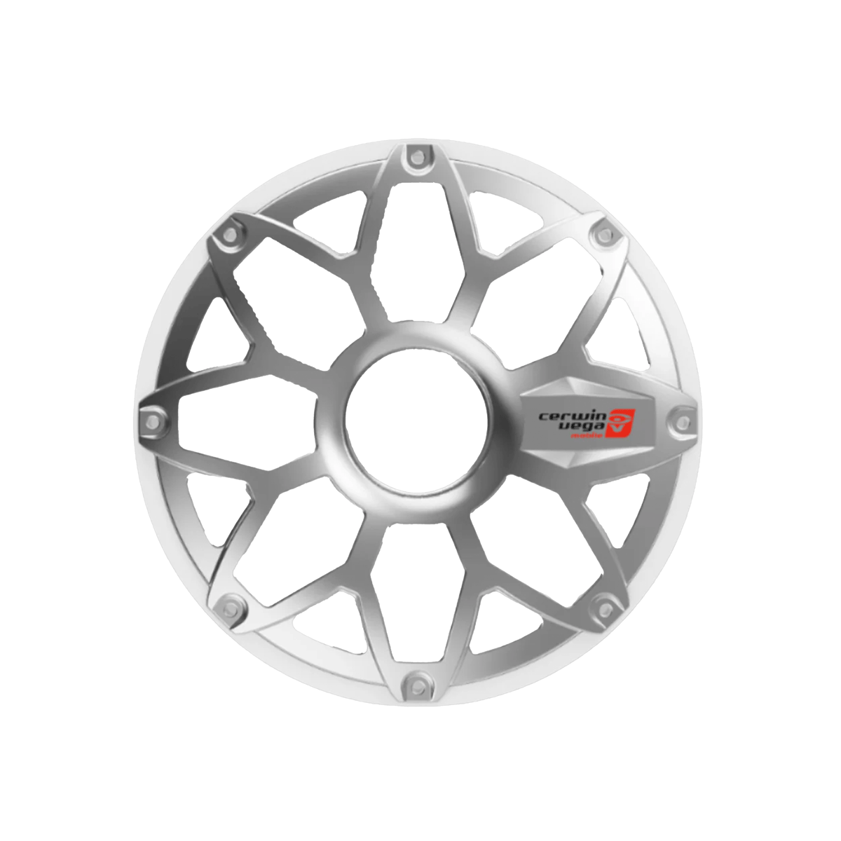The silver, circular metal car wheel rim features a modern star-shaped design with intersecting spokes and a red and black "Cerwin Vega" logo. Inspired by RPM Stroker 10" Flush Mount Speaker Grill, it adds sleek flair to any 10-inch setup.