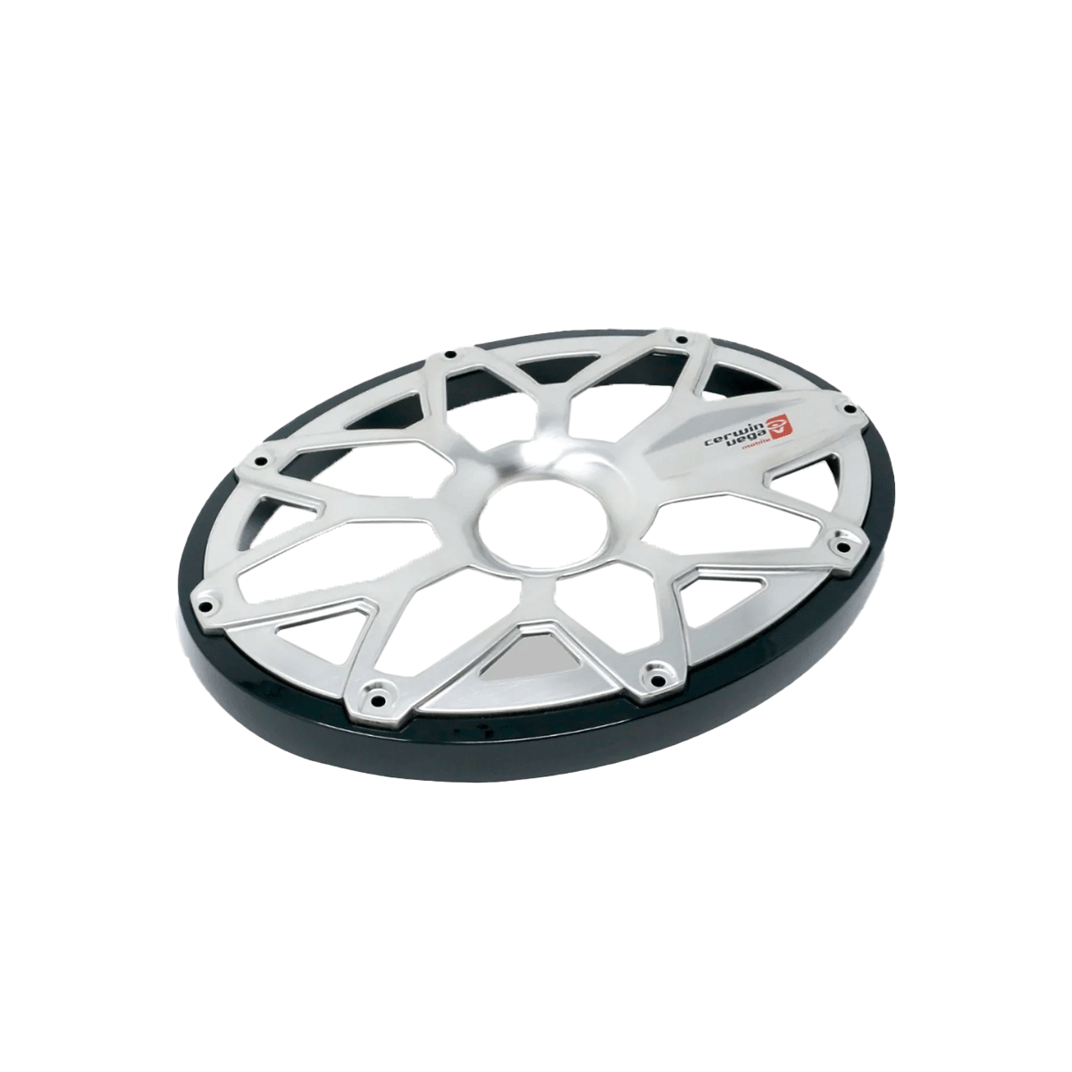 A silver and black, multi-spoke diamond-cut motor wheel rim set against a white background resembles the intricate design of the RPM Stroker Black 6"x9" Flush Mount Speaker Grill, with a star-shaped pattern and glossy finish for enhanced aesthetics and performance.