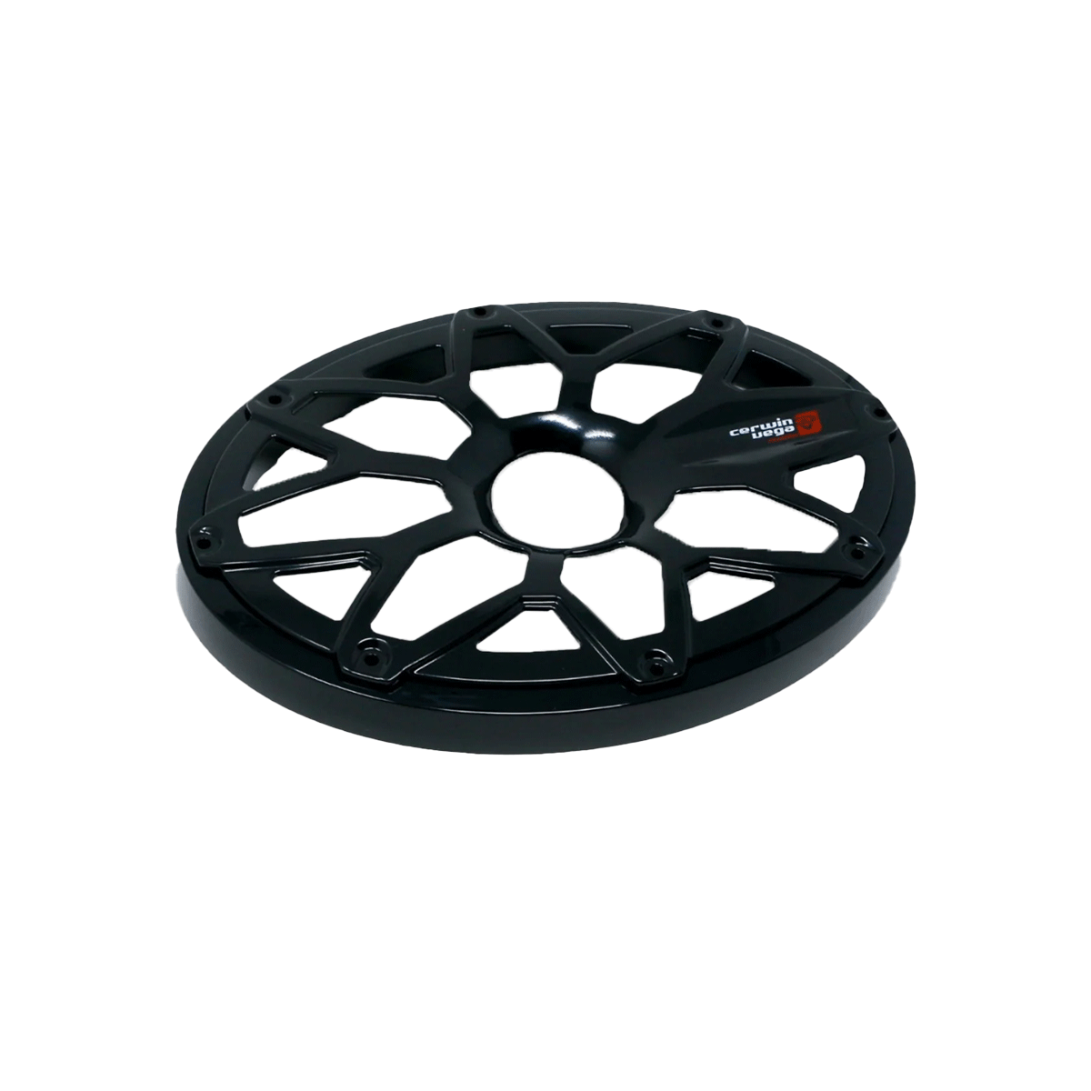 Showcasing a sleek, RPM Stroker 6"x9" flush mount speaker grill in glossy black steel with a powder-coated finish. Its open geometric design features symmetrical angular cutouts around a central hole. A small red logo adds detail.