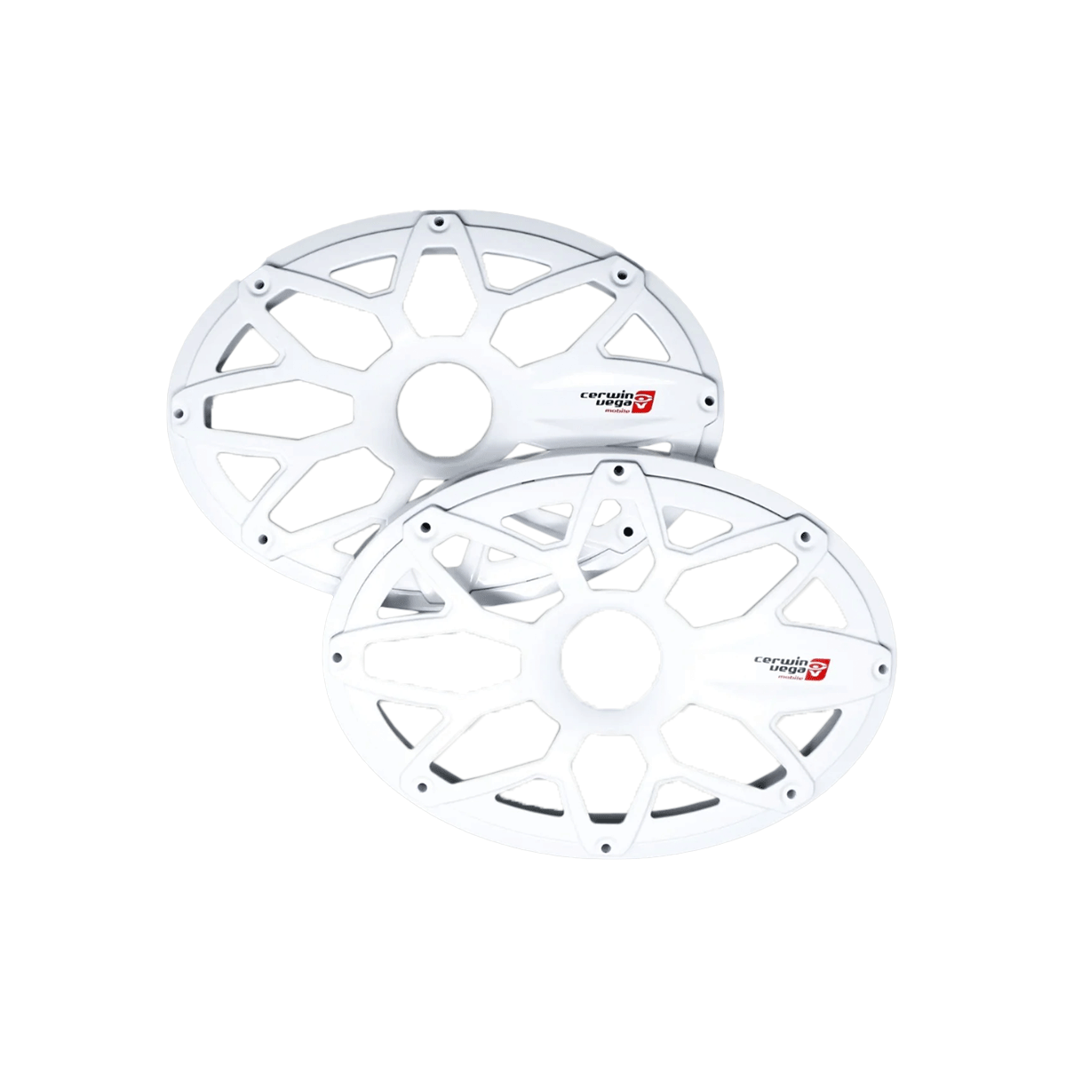 A pair of sleek, white RPM Stroker 6"X9" Flush Mount Speaker Grills with a ventilated, multi-spoke design are stacked with slight overlap. Each features a small red and black "ceramicfishing" logo on the edge. Their steel with powder coating ensures durability against wear on a plain white background.