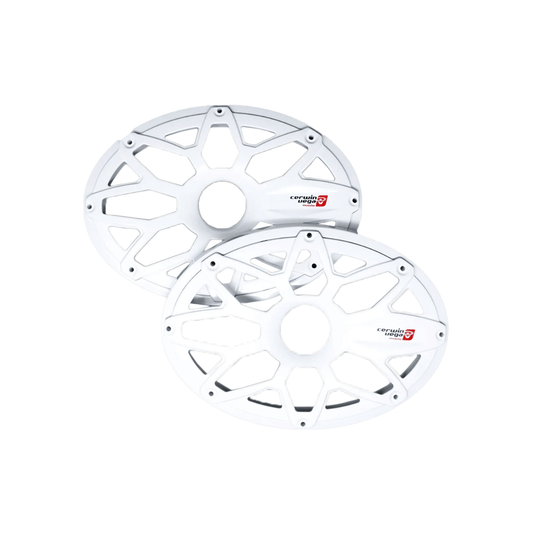 A pair of sleek, white RPM Stroker 6"X9" Flush Mount Speaker Grills with a ventilated, multi-spoke design are stacked with slight overlap. Each features a small red and black "ceramicfishing" logo on the edge. Their steel with powder coating ensures durability against wear on a plain white background.
