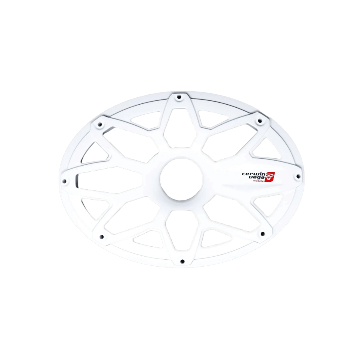 A white circular bicycle chain guard with geometric cut-outs and edge mounting points looks like an RPM Stroker 6"X9" flush mount steel speaker grill. It features a large center hole and a red and black logo on the outer edge for a modern touch.