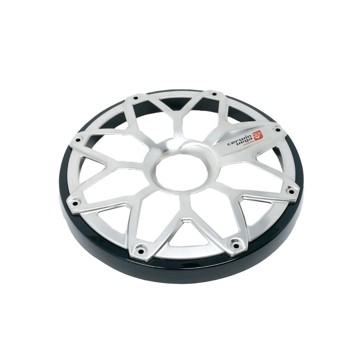 A sleek silver car wheel rim with a geometric pattern sits on a white background, echoing the intricate design of an RPM Stroker 6.5" Flush Mount Speaker Grill, SM65FGB. It features black angular spokes and is accented by a small red logo and text on one side.
