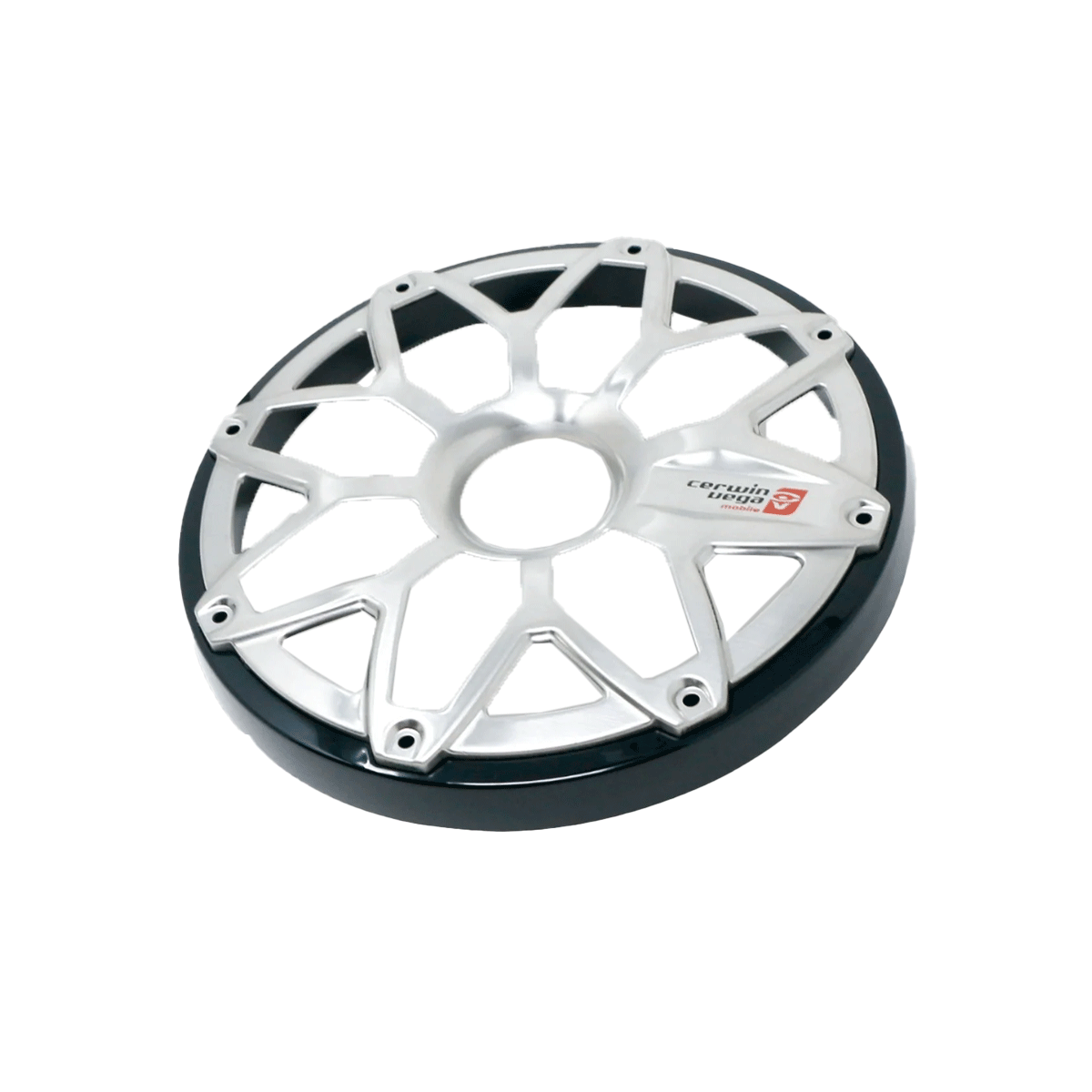 The wheel cover resembles an RPM Stroker 8" Flush Mount Speaker Grill with a silver geometric star-like pattern and black outer ring. It includes an axle hole and a small rectangular emblem with red/gray text, offering a sleek, modern design.