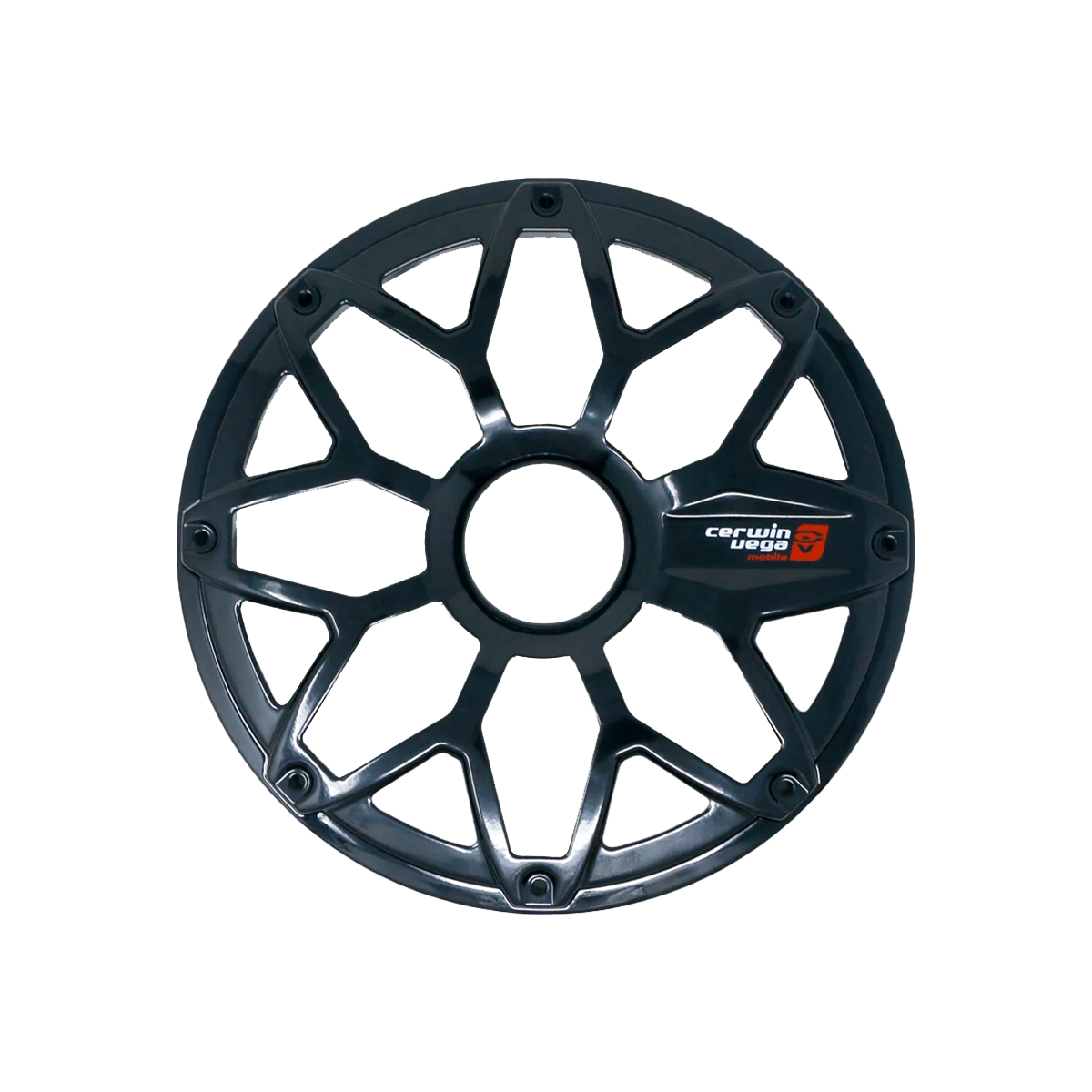 The RPM Stroker 8" Flush Mount Speaker Grill in black steel with a powder coating features a bold, angular design like car wheel rims, boasting eight wide spokes. Its glossy finish reflects light subtly while showcasing style and precision. A "Cerwin Vega" logo in red and white adorns one spoke.