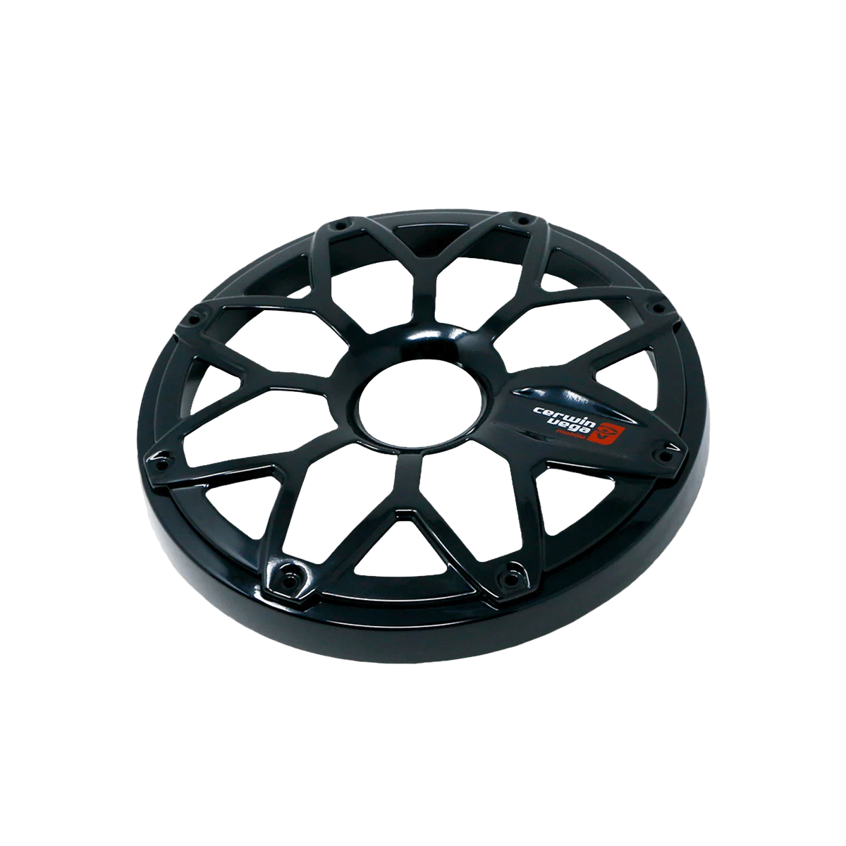 The RPM Stroker 8" Flush Mount Speaker Grill features a black multi-spoke design with a gloss finish and durable powder-coated steel. It showcases an orange and white "Aprilia Racing" logo on one spoke, emphasizing the red "R," with a hubcap-style center for versatile vehicle compatibility.