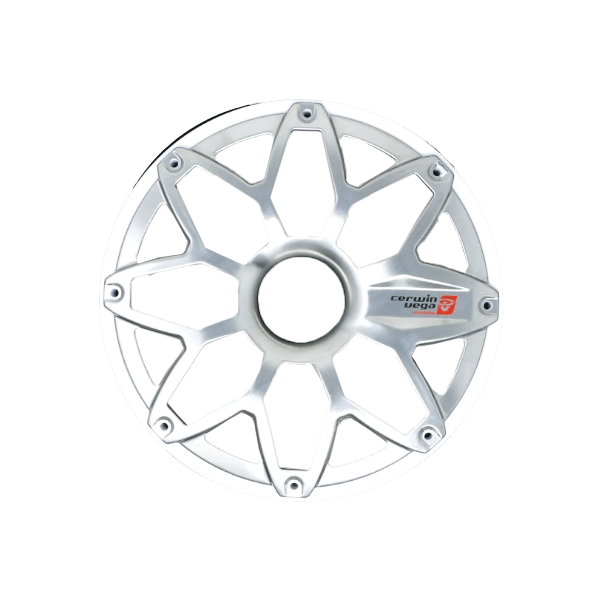 A silver metallic rim with a multi-spoke star pattern features the "Cerwin Vega" logo at its center. The symmetrical eight-spoke design, inspired by RPM Stroker's precision, has a smooth outer edge for a modern look, akin to the RPM Stroker 6.5” Flush Mount Speaker Grill.