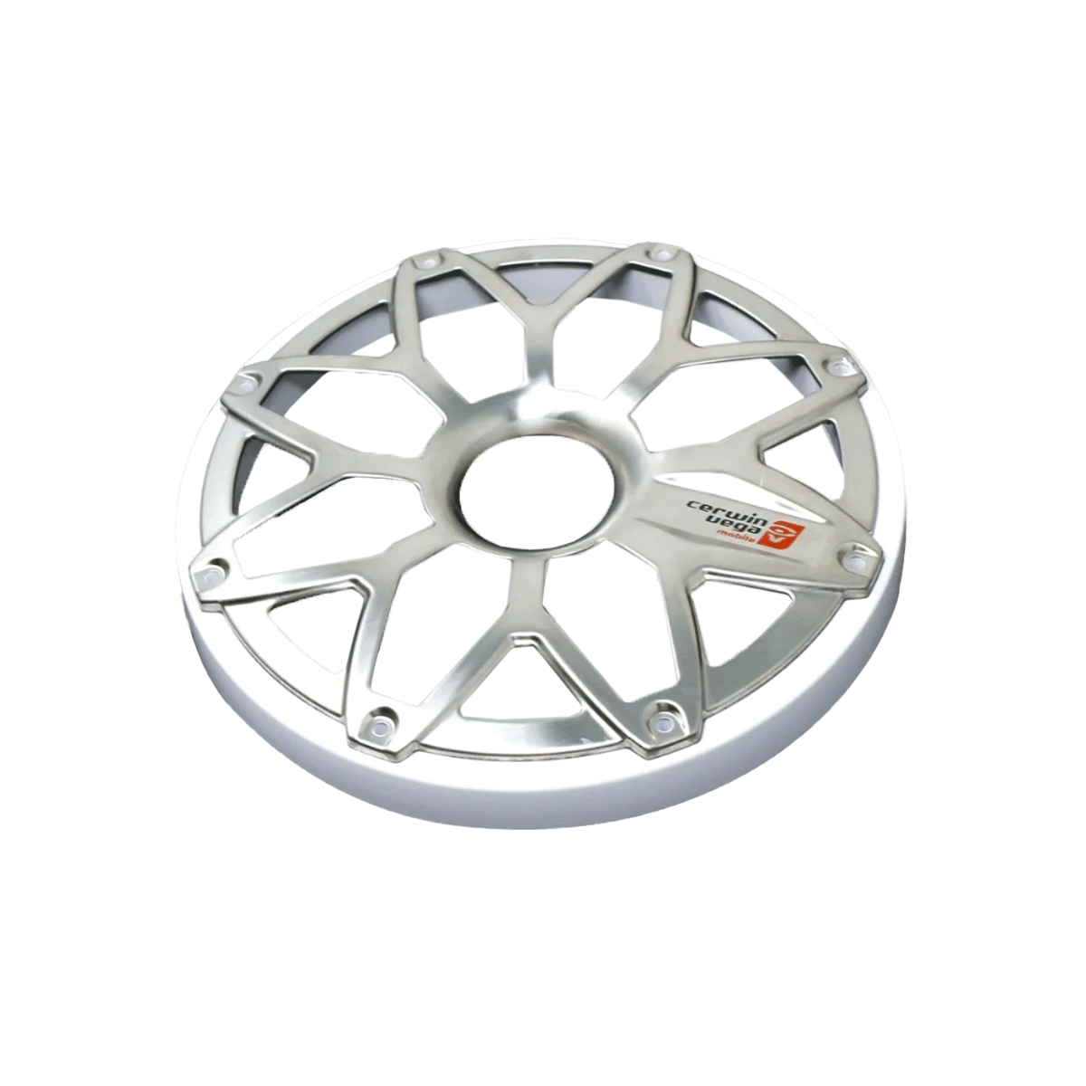 The RPM Stroker 6.5" Flush Mount Speaker Grill has a sleek multi-spoke design with interlocking V-shapes leading to a central circle, featuring a small red and black logo, displayed on a plain white background.