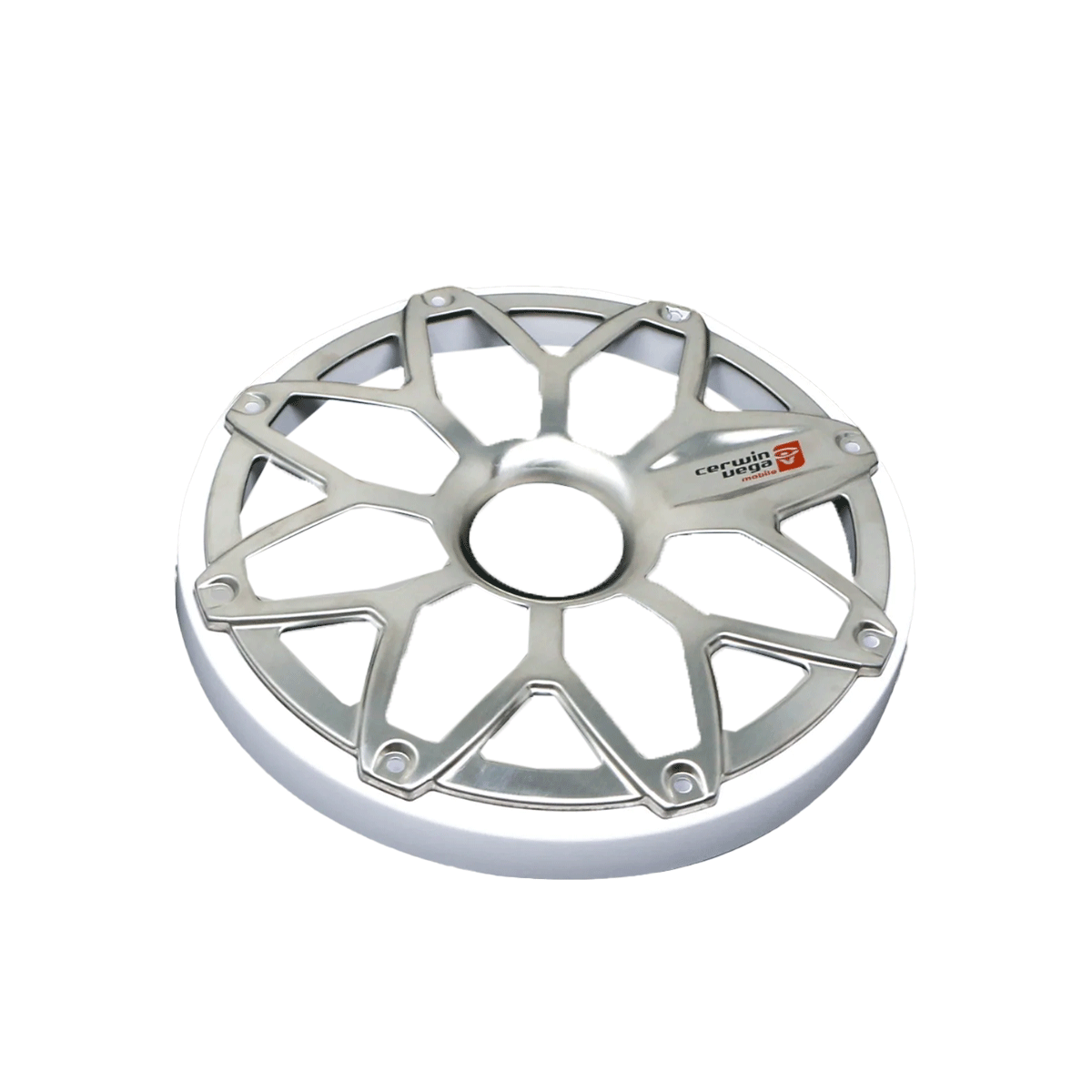 The silver car rim features a unique multi-spoke design with eight angular spokes in a star pattern, resembling an RPM Stroker accessory. A small red and white Capricorn Racing logo adorns the solid center hub, while the polished metallic finish gleams against a stark white backdrop.