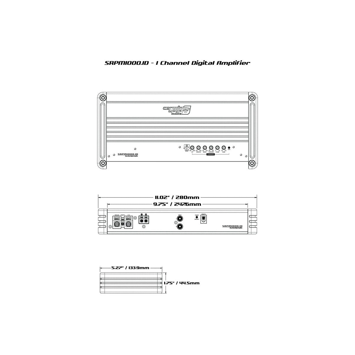 The SRPM Stroker 1-Channel Monoblock Class-D Amplifier (SRPM1000.1D) diagram shows three views: top, side, and end. The top view reveals the control interface labeled "SRPM1000.1D." The compact design measures 11.02"/280mm wide, 9.75"/247.6mm deep, and 1.75"/44mm high.