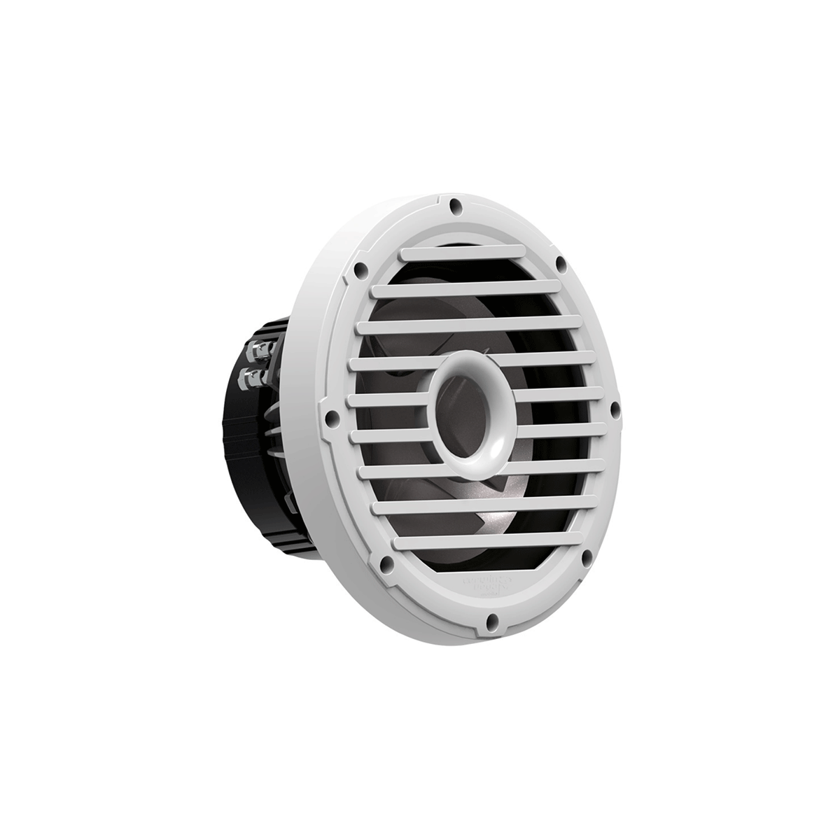 The RPM Series Marine Subwoofer features a white circular grille with horizontal slits and a black body with visible connectors on the left. Designed for marine environments, it emphasizes durability against water exposure while maintaining a sleek, modern look.