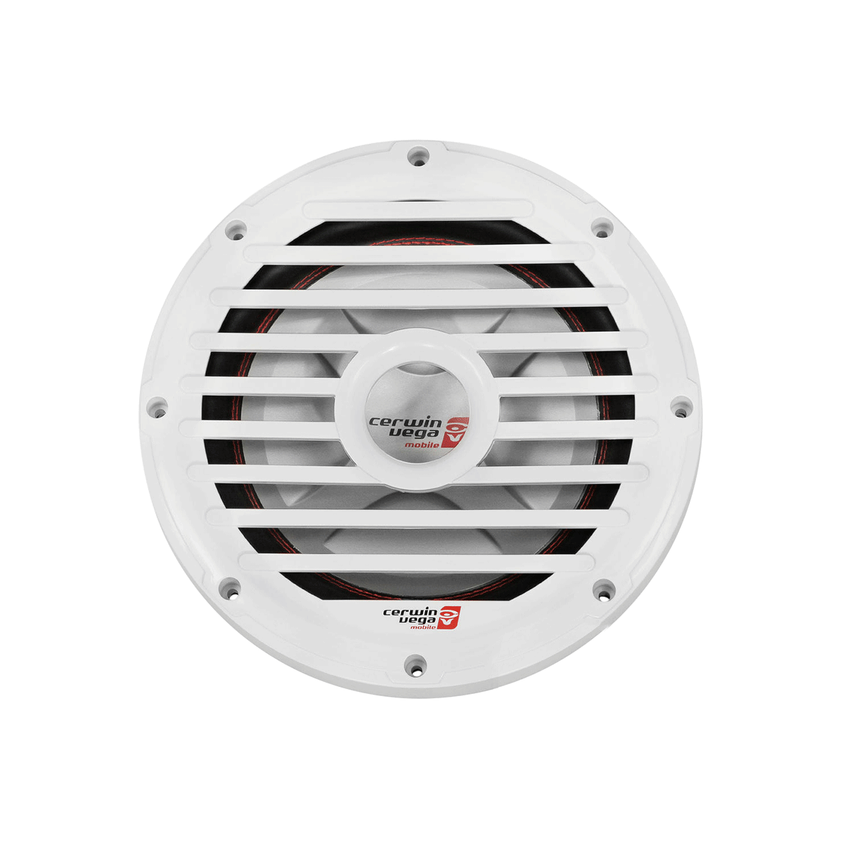 The RPM Series Marine Subwoofer features a white circular design with a "Cerwin Vega" logo in the center and a protective grille. The grille has narrow horizontal slats, and it showcases a central black speaker cone with red accents all housed in a sleek white frame.
