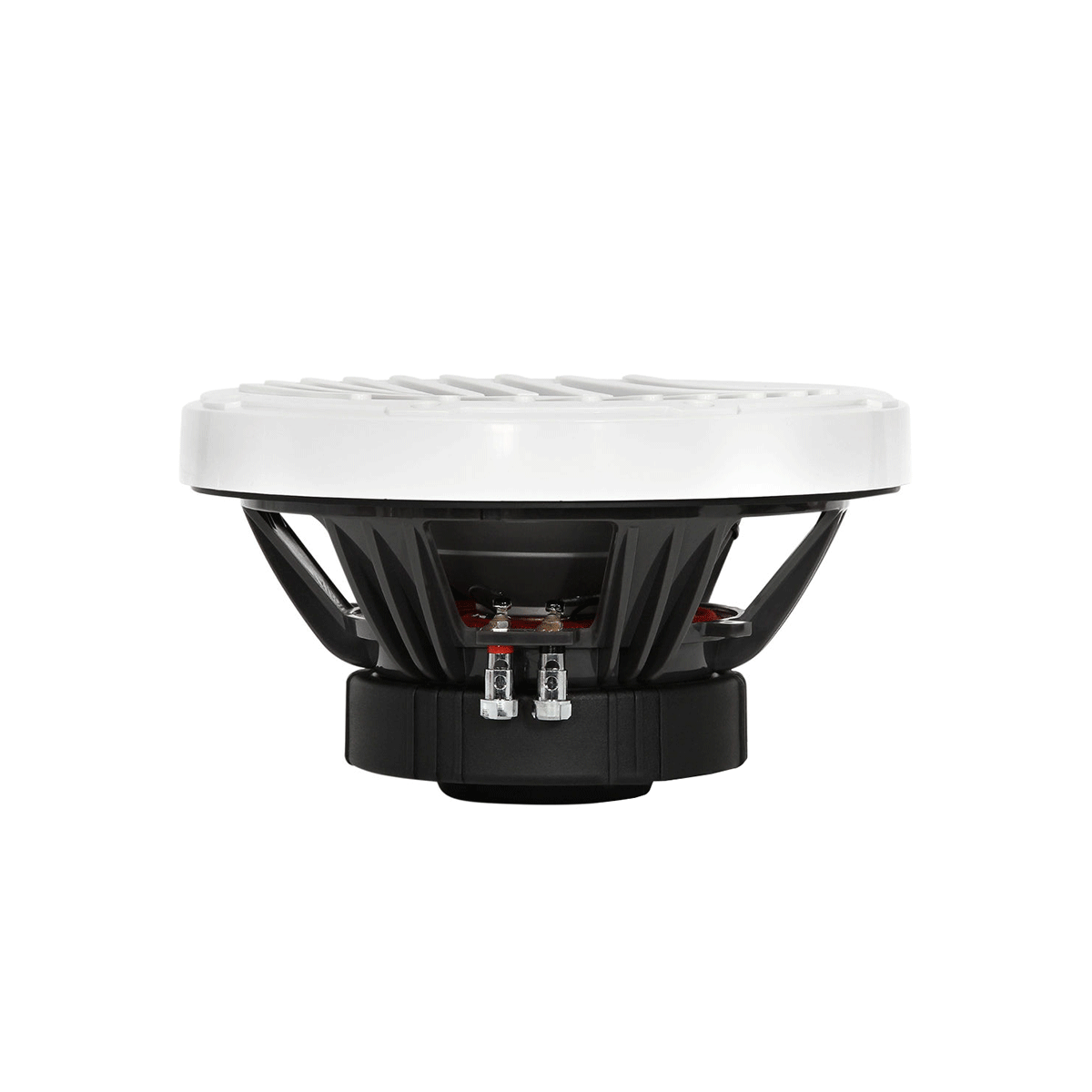 Side view of the RPM Series Marine Subwoofer features a prominently visible white, ridged cone on top, supported by a black metal frame. Two red-wired connection terminals are beneath the frame, with a black cylindrical magnet as its base.