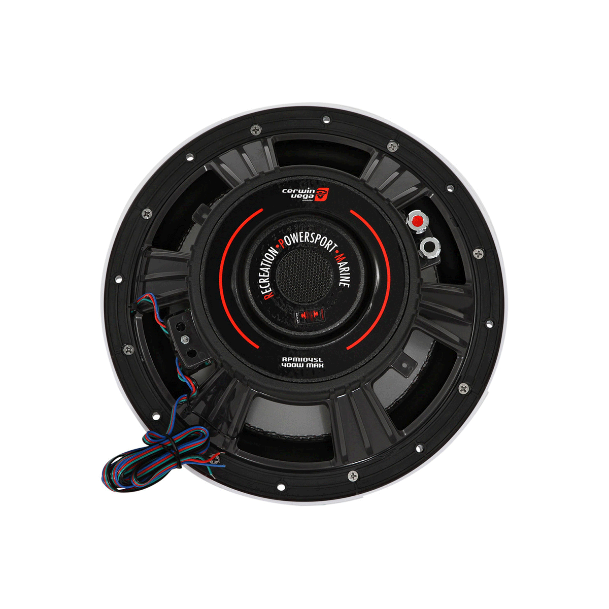 Close-up of the back of a circular black speaker labeled "RPM Series Marine Subwoofer." It has a detailed design, a labeled center, visible wiring with multiple connectors on the right side, and is accentuated by a red ring.