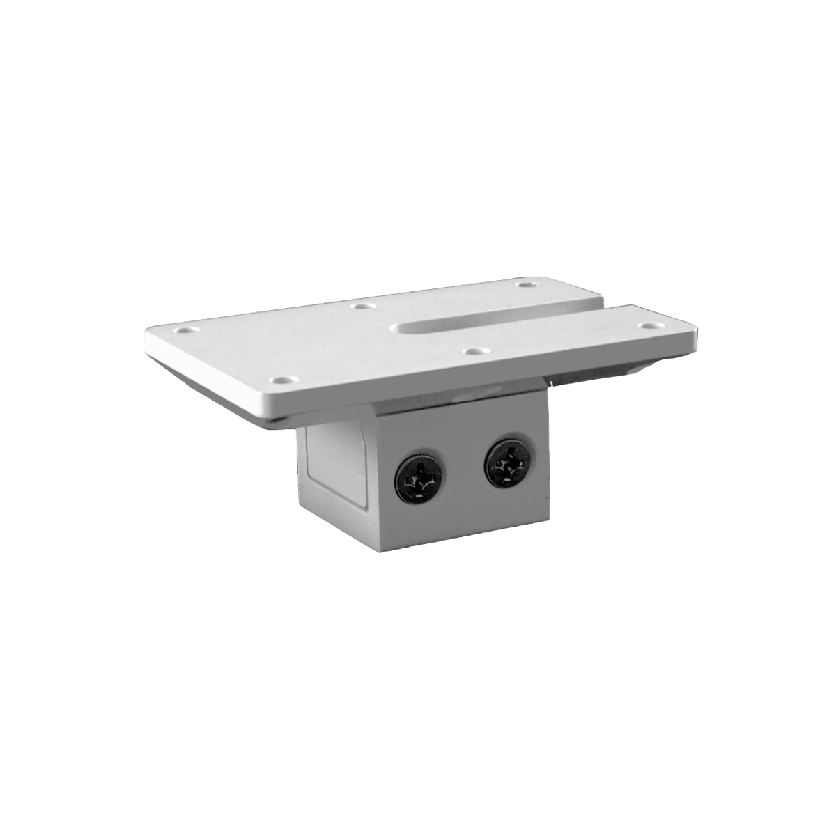 The Cerwin Vega RPM Flat Mount Bracket (RPMFMCWHT) is a rectangular, white bracket with a smooth finish. It features four screw holes and two visible screw heads for securely mounting electronic or mechanical components on surfaces or decks.