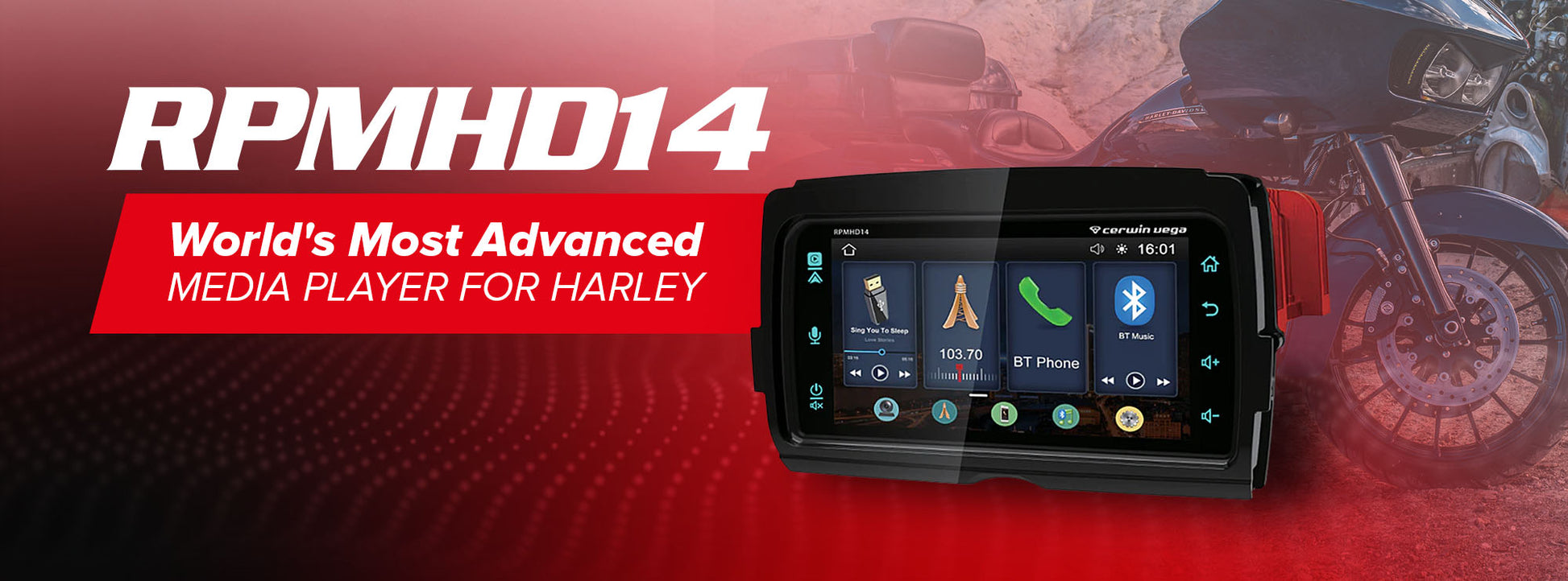 The image features a promo banner for the 2014-2023 Harley Davidson® Plug N-Play Media Receiver - RPMHD14, with a digital screen displaying navigation, music, and phone icons. The text proclaims it as the "World's Most Advanced Media Player for Harley," against a motorcycle backdrop.