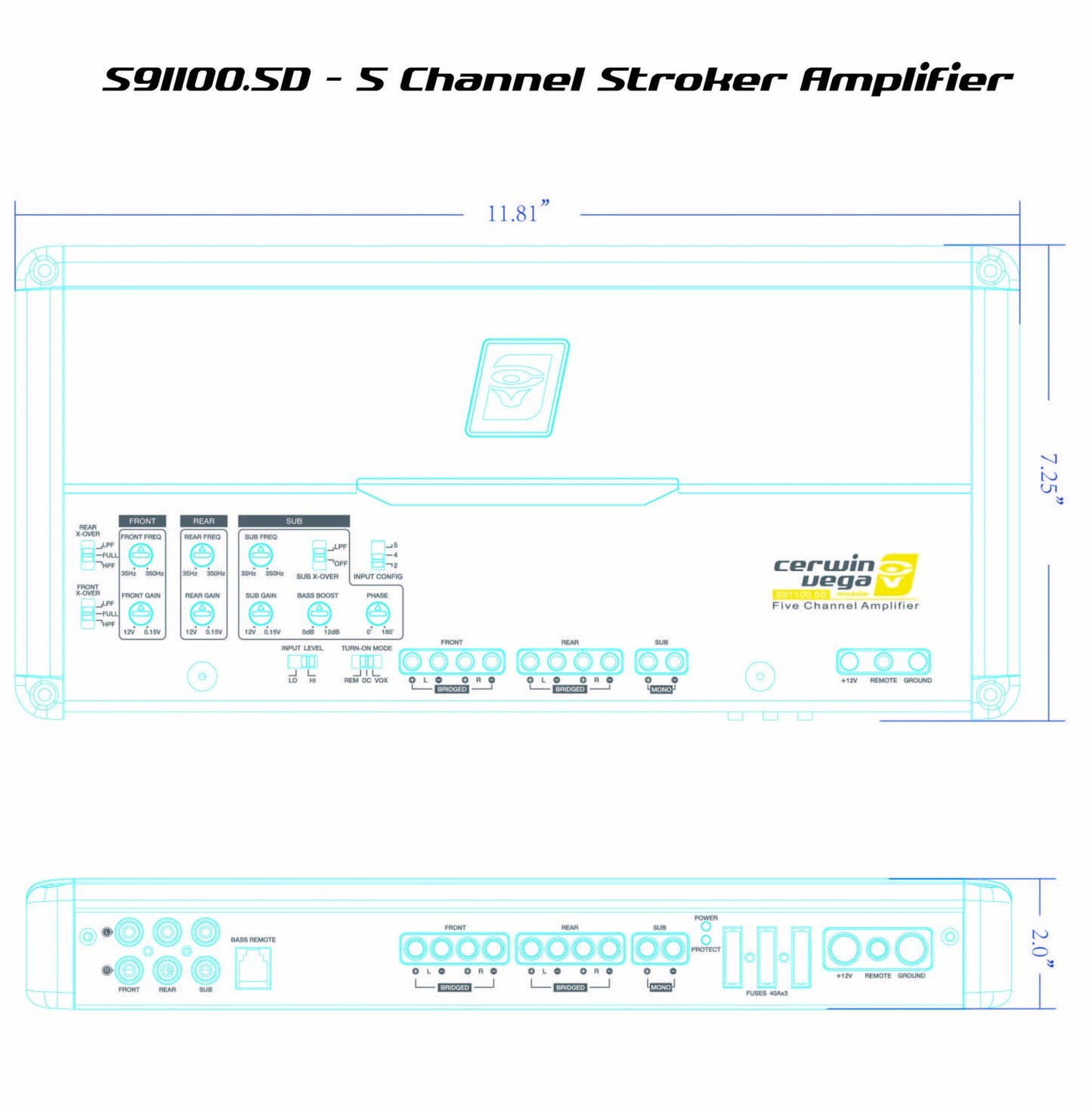 Blueprint-style image of the Cerwin Vega Stroker 5 Channel 1100W RMS Full Range Class-D Amplifier-S91100.5D, ideal for SPL enthusiasts. This amplifier, measuring 11.81 inches by 7.25 inches, features input/output ports, gain controls, and displays the brand and model on top and bottom.