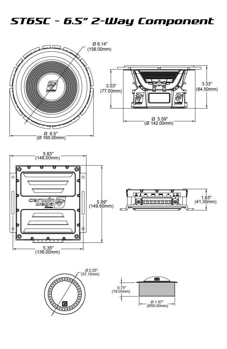 Technical diagram of the Stroker 6.5" 2-Way Component Speaker Set - ST65C features top and side views with measurements: diameters of 6.14" and 6.5", depth of 3.3". Amplifier dimensions are 9.13" x 5.35" x 1.62". Additional components have separate measurements not specified here.