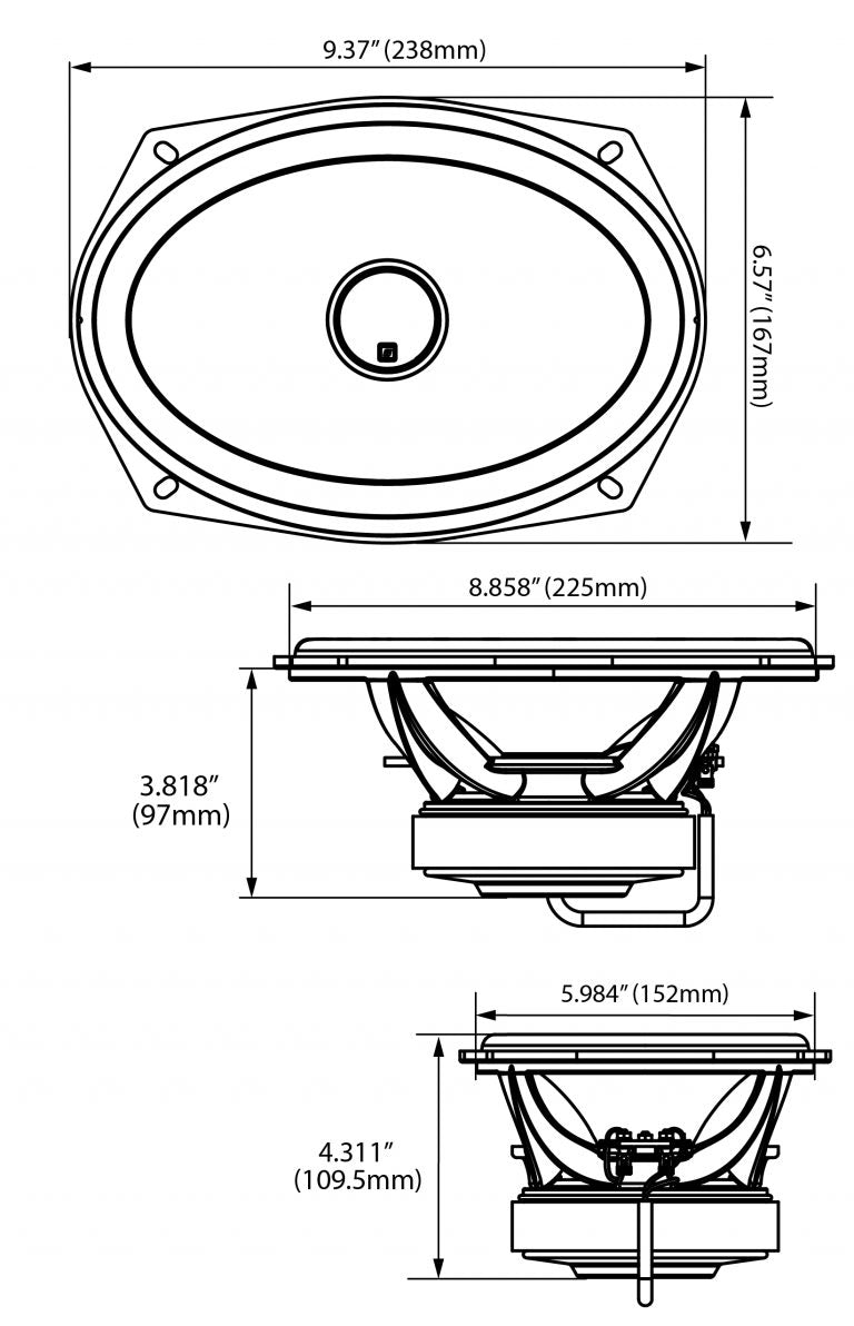 The technical drawing of the Cerwin Vega Stroker 6"X9" ST69CX speaker shows a top view with dimensions: 9.37 inches wide (238mm) and 6.57 inches high (167mm). Side views reveal depths of 3.818 inches (97mm) and 4.311 inches (109.5mm). The mounting diameter is specified as 5 inches.