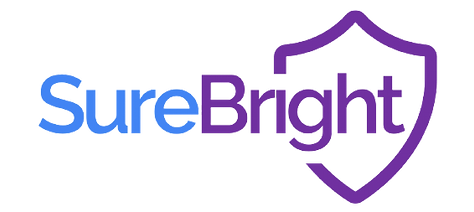 The logo displays "SureBright" with "Sure" in blue and "Bright" in purple, accompanied by a stylized purple shield outline to the right, symbolizing security. The background is transparent, representing the brand Product Warranty Powered by SureBright.