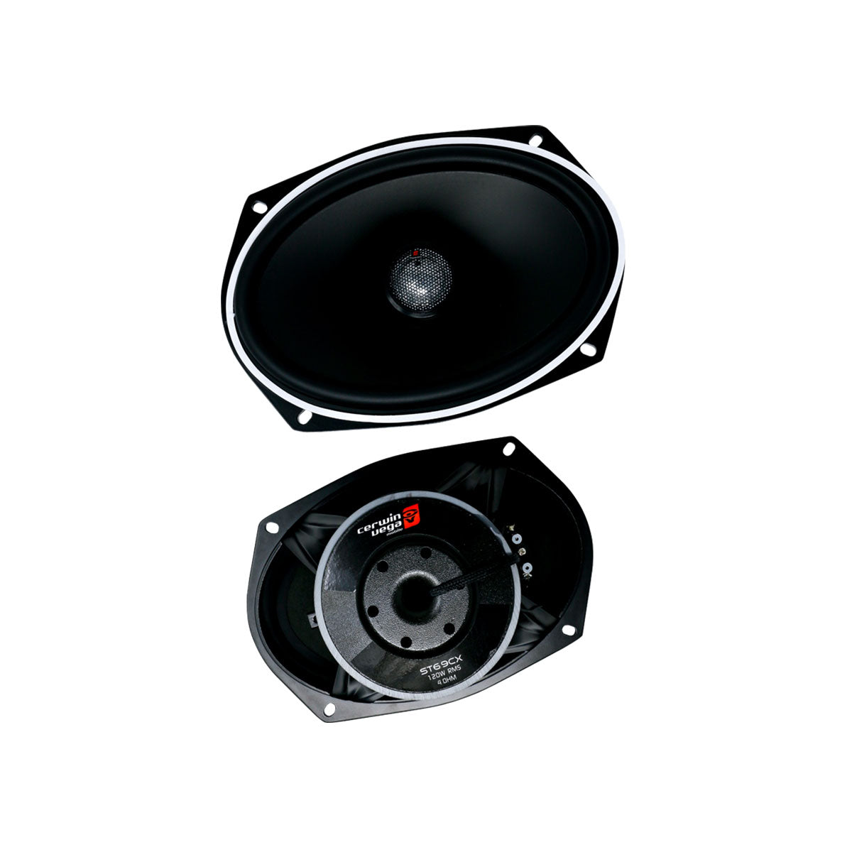 A pair of Stroker 6"x9" 2-Way Coax Speakers by Cerwin Vega features one speaker displaying a black cone and titanium dome tweeter, while the other shows the Cerwin-Vega logo and ST69CX specs, all on a plain white background.