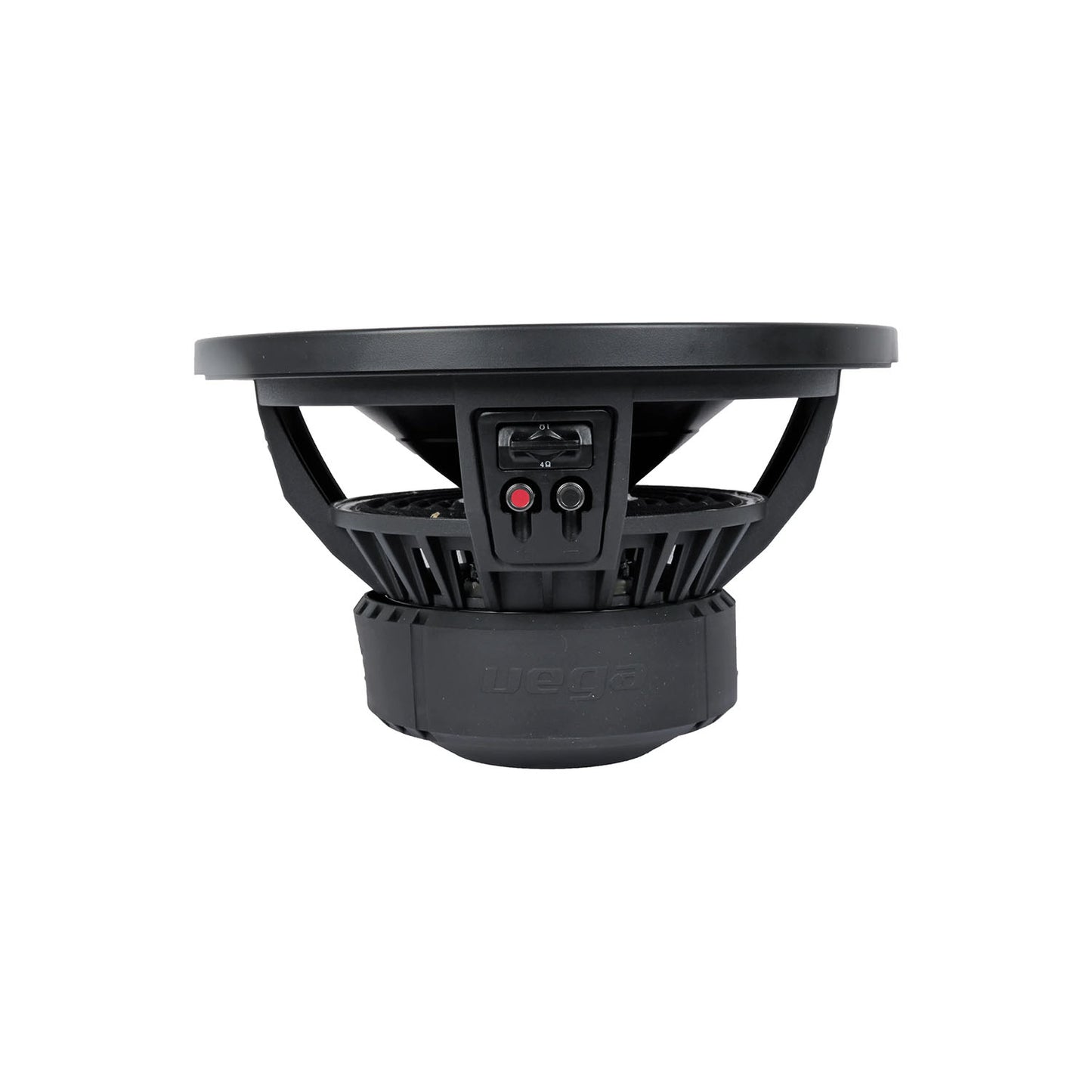 The image depicts a side view of the black Cerwin Vega 2025 Edition Subwoofer (V10DV2) with a large circular cone, open frame, and red/black speaker terminals. The lower part displays a rounded enclosure embossed with the "Vega" logo.