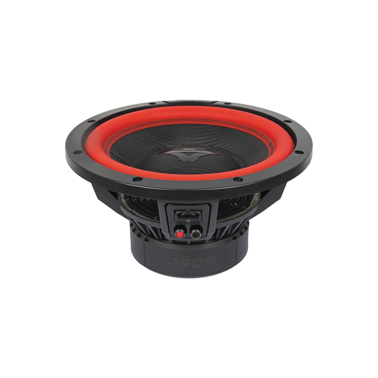 The Cerwin Vega Vega 2025 Edition Subwoofer is a black and red 12" 2Ω DVC subwoofer featuring a sleek circular design with a prominent red inner ring and textured black dome, housed in a cylindrical casing with front terminal.