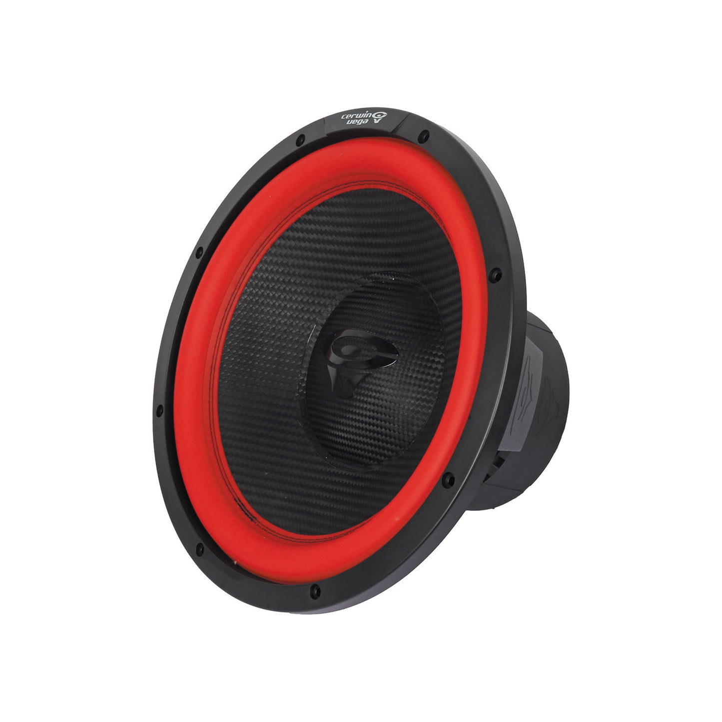 The Vega 2025 Edition Subwoofer is a large, round 15" 2Ω DVC subwoofer angled left, with a black casing accentuated by a prominent red edge. Its textured dark cone adds to its sleek look, and the brand logo is visible on the top part of the V15DV2 model.