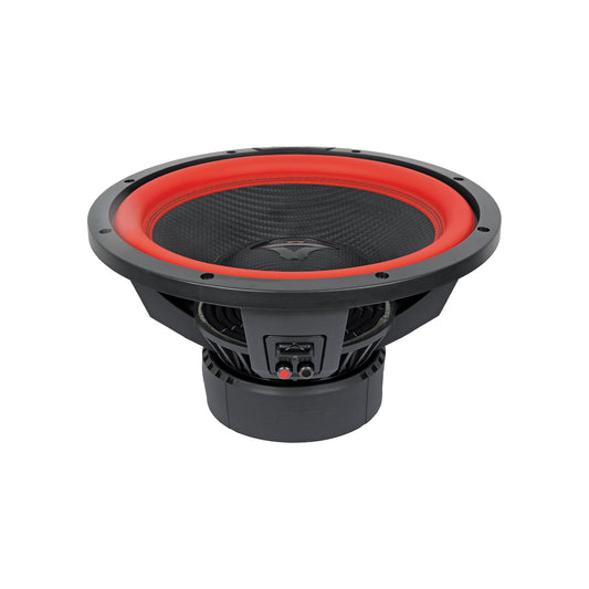 The Vega 2025 Edition V15DV2 is a modern, sleek 15" subwoofer featuring a black textured center with red trim. Its visible magnet and coil showcase metal and plastic components, while the brand logo takes center stage, emphasizing performance.