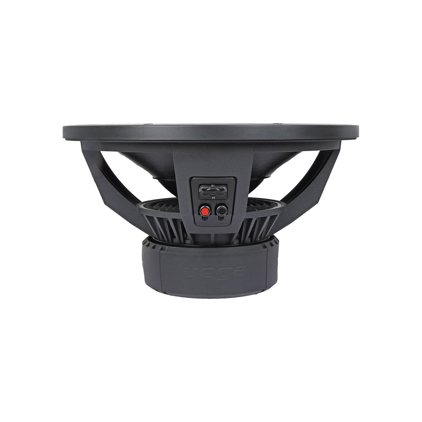 The Vega 2025 Edition Subwoofer (V15DV2) is a sleek, industrial, black 15" subwoofer with a central driver in a circular frame. It features a sturdy metal basket and rear connection terminals, viewed from a low angle against a white background. Visible venting boosts its high-performance sound output.
