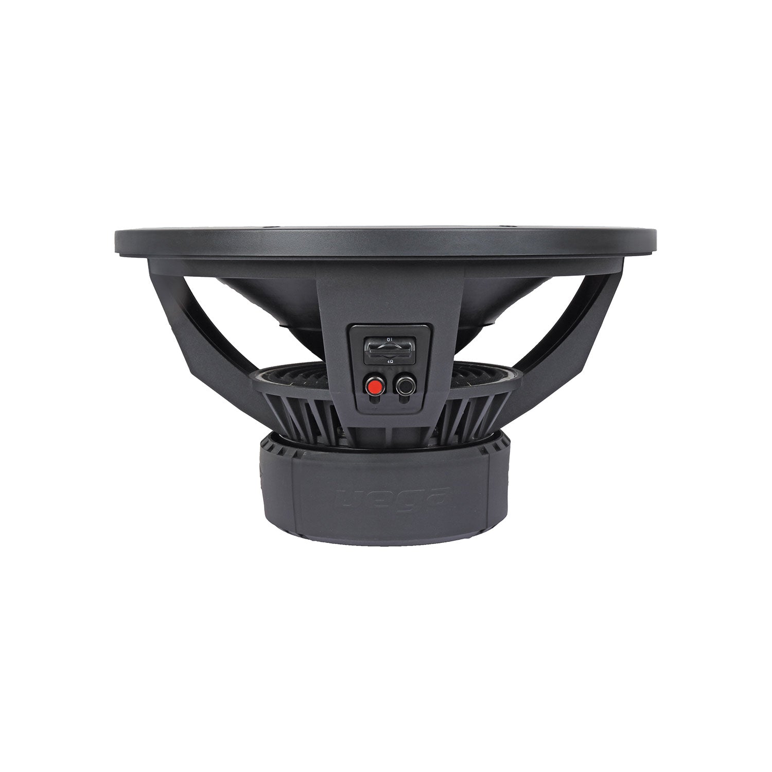 The Vega 2025 Edition Subwoofer (V15DV2) is a sleek, industrial, black 15" subwoofer with a central driver in a circular frame. It features a sturdy metal basket and rear connection terminals, viewed from a low angle against a white background. Visible venting boosts its high-performance sound output.
