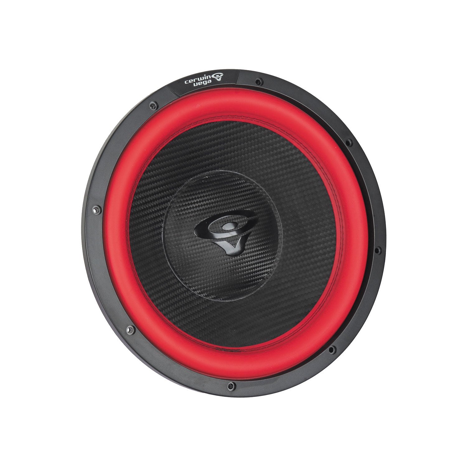 The Vega 2025 Edition Subwoofer - V15DV2 is a black and red, 15" 2Ω DVC speaker featuring a textured carbon fiber cone, encased in a black frame with a red rubber ring, and the brand logo near the cone's top.
