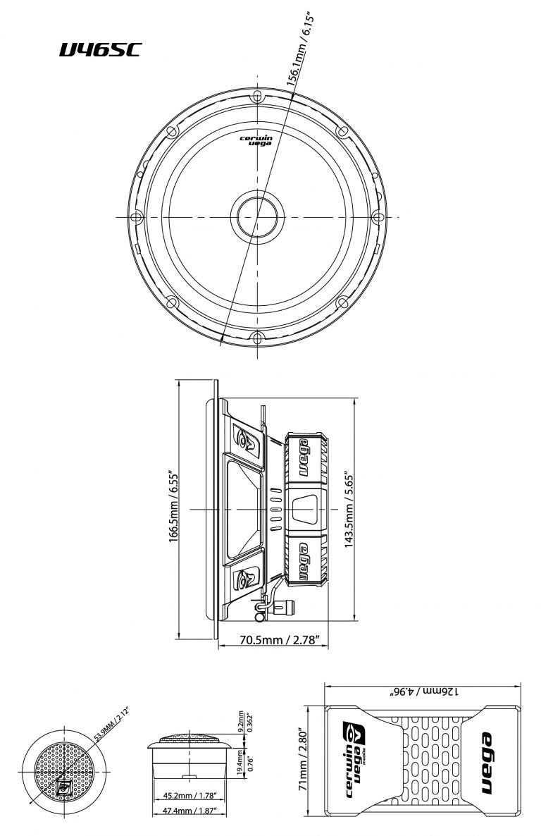 The diagram of the Vega Series 6.5" 2-Way Component Speaker Set - V465C by Cerwin-Vega shows dimensions: a top view reveals a circular face with a diameter of 5.71 inches, side depth is 2.78 inches, and the cutaway shows a mounting depth of 1.87 inches.