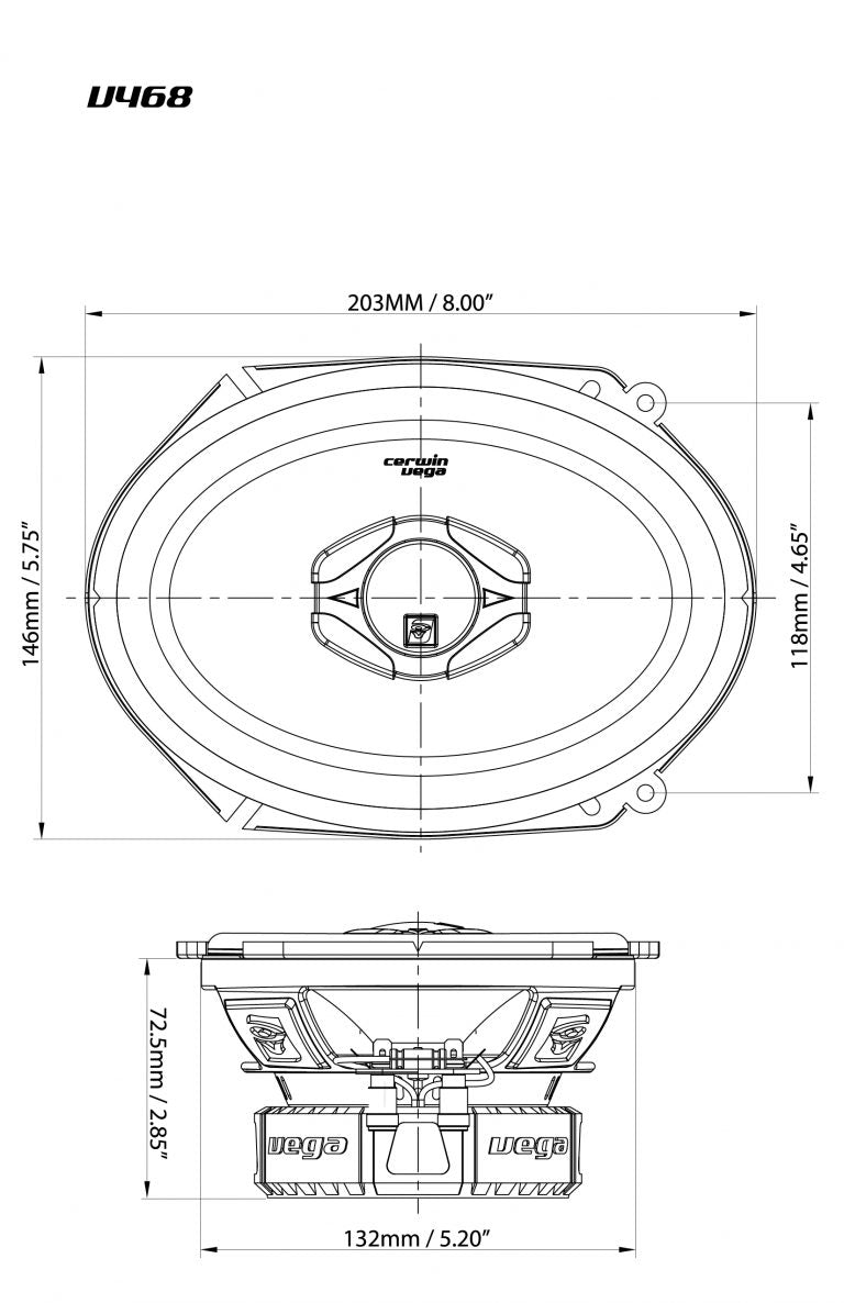 The technical drawing of the Cerwin Vega V468, from the Vega Series 6"x8" 2-Way Coaxial Speakers with a 1" Titanium Tweeter, shows top and side views. The top measures 203mm wide by 145mm high, while the side view is 77.5mm high with a depth of 132mm.