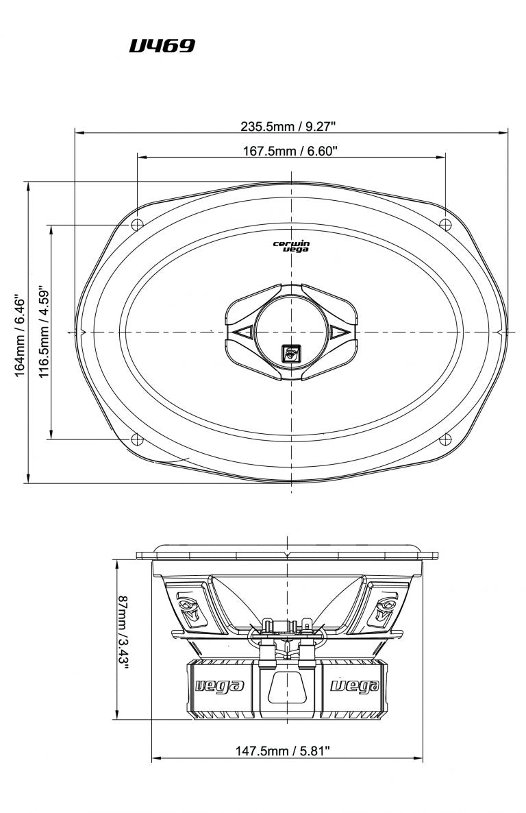 Diagram of an oval speaker labeled V469 from the Vega Series. The top view shows dimensions: 235.5mm wide, 164mm tall; side view depth is 80mm. It features a central cone with a frame and "JBL" label, indicating mounting points. Part of the Vega Series 6"x9" 2-Way Coaxial Speakers with a Titanium Tweeter.