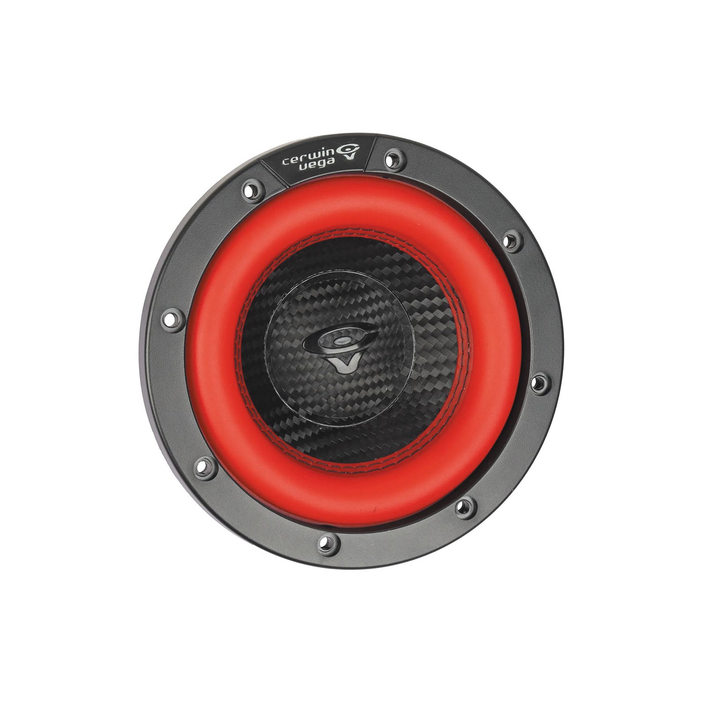 The Vega 2025 Edition Subwoofer (V8DV2) by Cerwin Vega features a circular black carbon fiber center with a small logo, vibrant red ring, and dark gray outer ring with eight evenly spaced bolts. The brand name is displayed at the top of the outer ring.