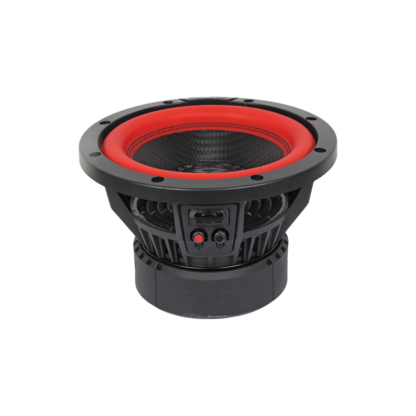 The Cerwin Vega Vega 2025 Edition Subwoofer (V8DV2) features a robust, round design with a black rim and bright red inner cone. This 8" 2Ω DVC subwoofer showcases intricate engineering with visible coils and connections for an industrial look.
