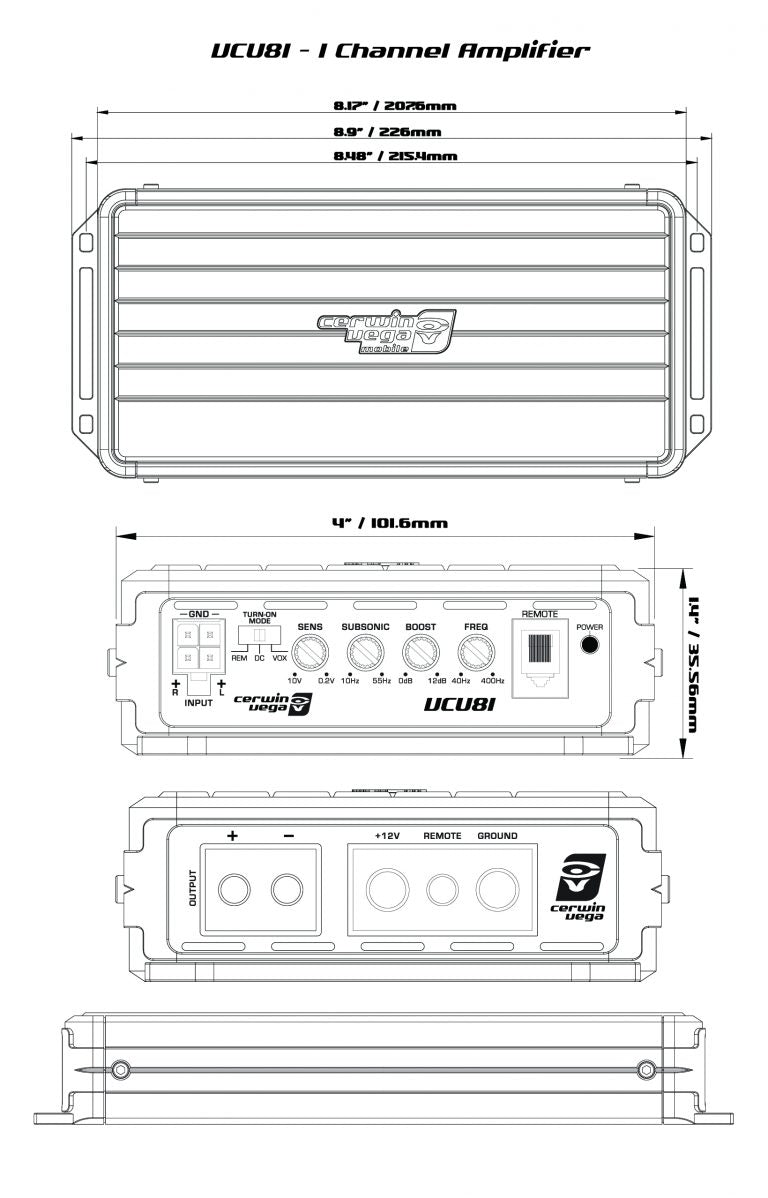 Diagram of the VEGA Class-D Digital Mono Amplifier-VCU81. Top view shows dimensions: 8.2" x 3.9". Front panel displays controls for bass boost, crossover, and connectors. Side view highlights connections for power, remote, and ground. Bottom view illustrates the compact design with High-Efficiency Full Range performance.