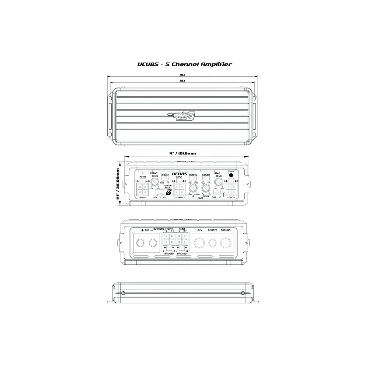 Technical diagram of a Cerwin Vega VEGA Class-D Digital 5 Channel Amplifier-VCU85 features a top view with ridged enclosure and logo, front view with labeled knobs and ports, and side views showing dimensions: 13.5" length, 4.7" width, 1.86" height.