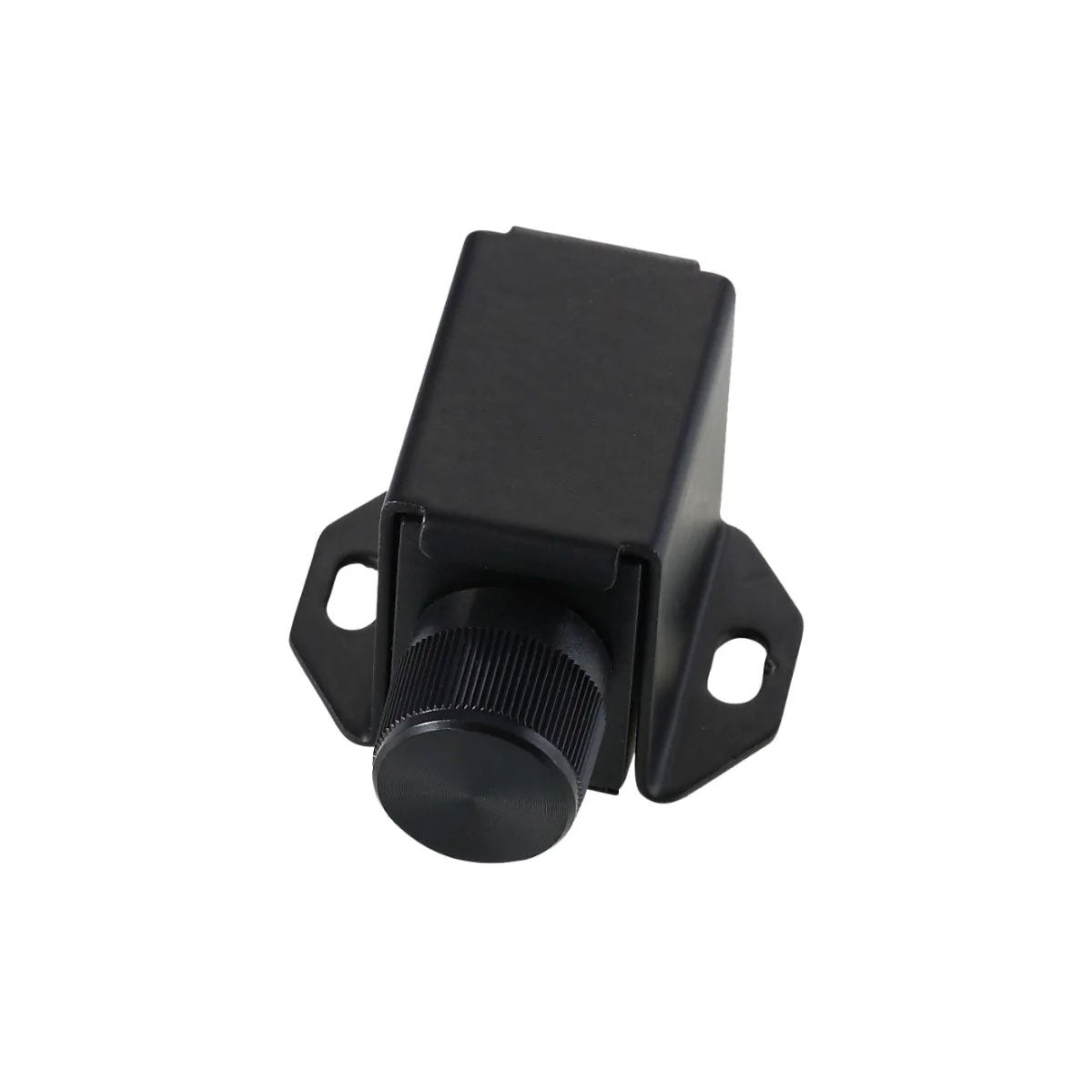 The VEGA Amplifier features a black rotary switch with a knurled knob, two mounting flanges with side holes, and a simple rectangular housing made of metal or plastic. Designed for easy installation, the prominent knob suggests it's used for adjusting settings.