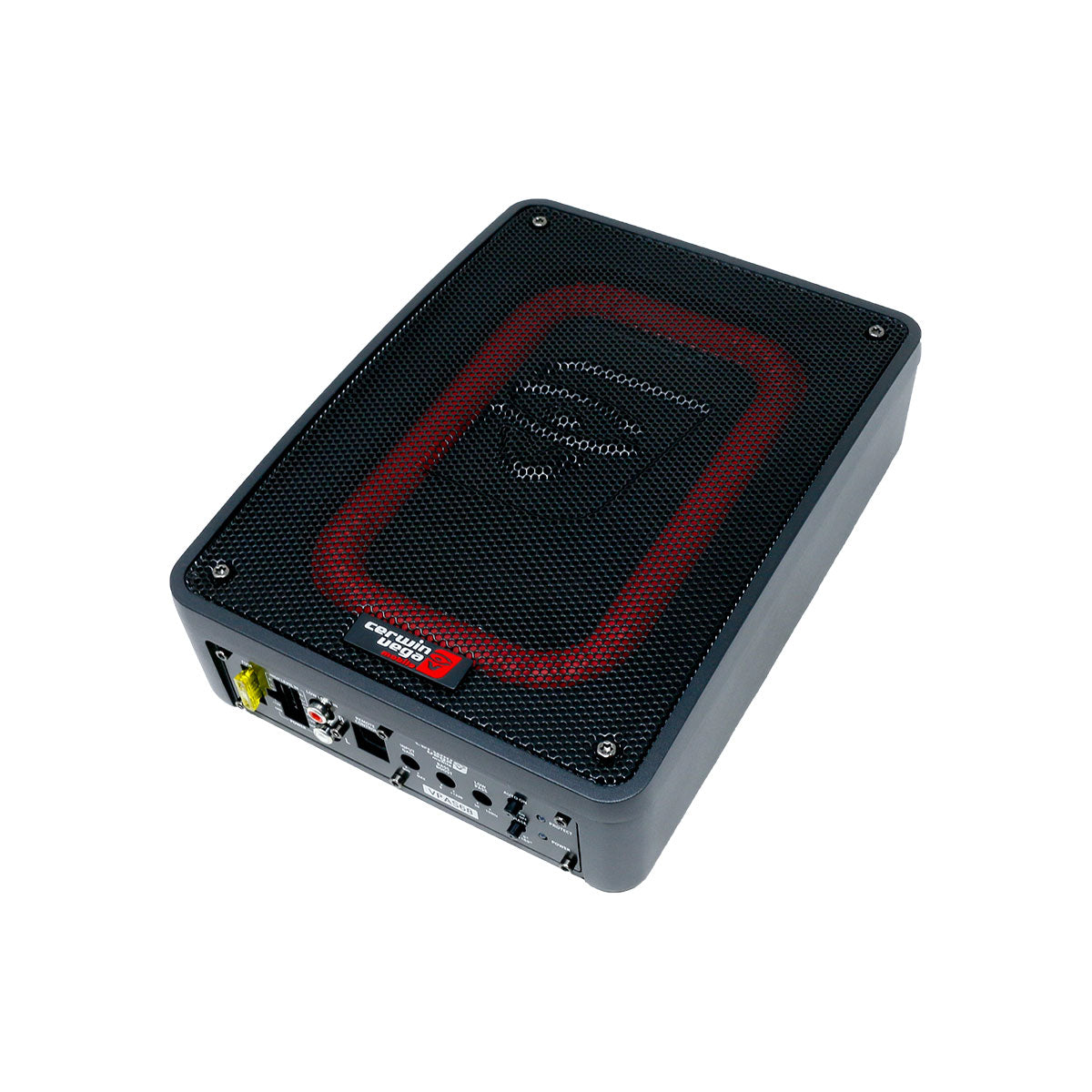 A compact black VEGA Active Subwoofer with a red oval accent on the grille features a mesh design on top. Various knobs, switches, and connectors including audio inputs/outputs are located on the side. The BOSS brand name and model details are visible near the controls against a white background.