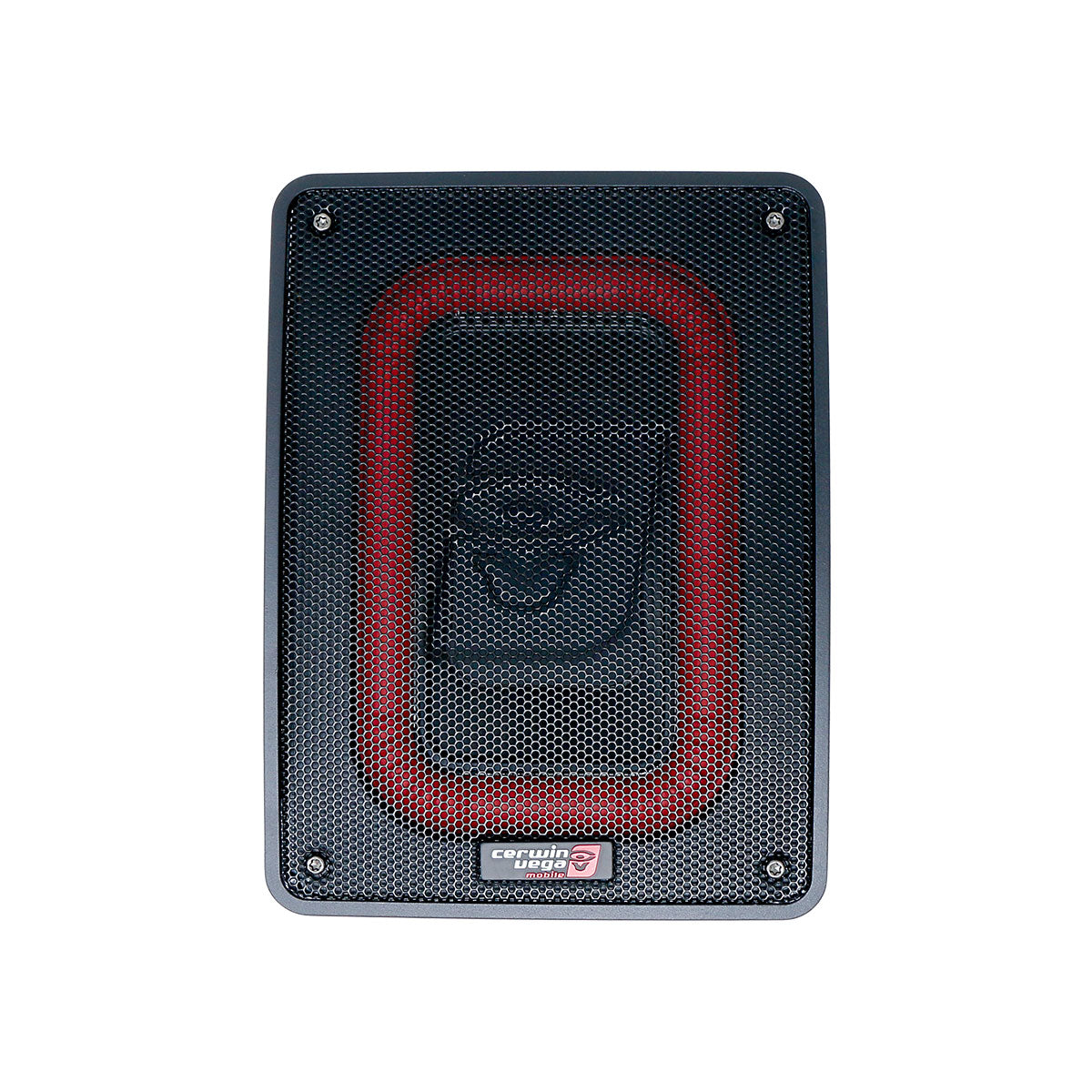 A rectangular black VEGA Active Subwoofer featuring a red-bordered mesh grille with a spiral logo in the center. It has rounded corners and a "Crunch CarAudio" badge at the bottom, photographed on a plain white background.