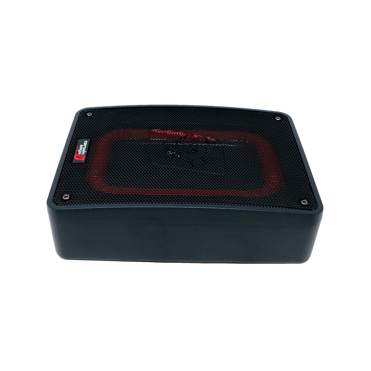 The VEGA Active Subwoofer is a compact, black, rectangular car subwoofer with rounded edges and a smooth, sturdy casing. Its front sports a black mesh grill with red accents and features the logo on the top left corner.