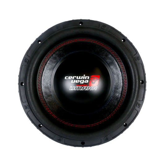 The VMAXX 15" DVC High-Performance Subwoofer (4Ω) - VMAX15D4 features a sleek circular design with a black cone and durable rubber surround. It highlights the signature white and red logo, red stitching, and unique ridges and symbols on the outer rim for a distinctive touch.