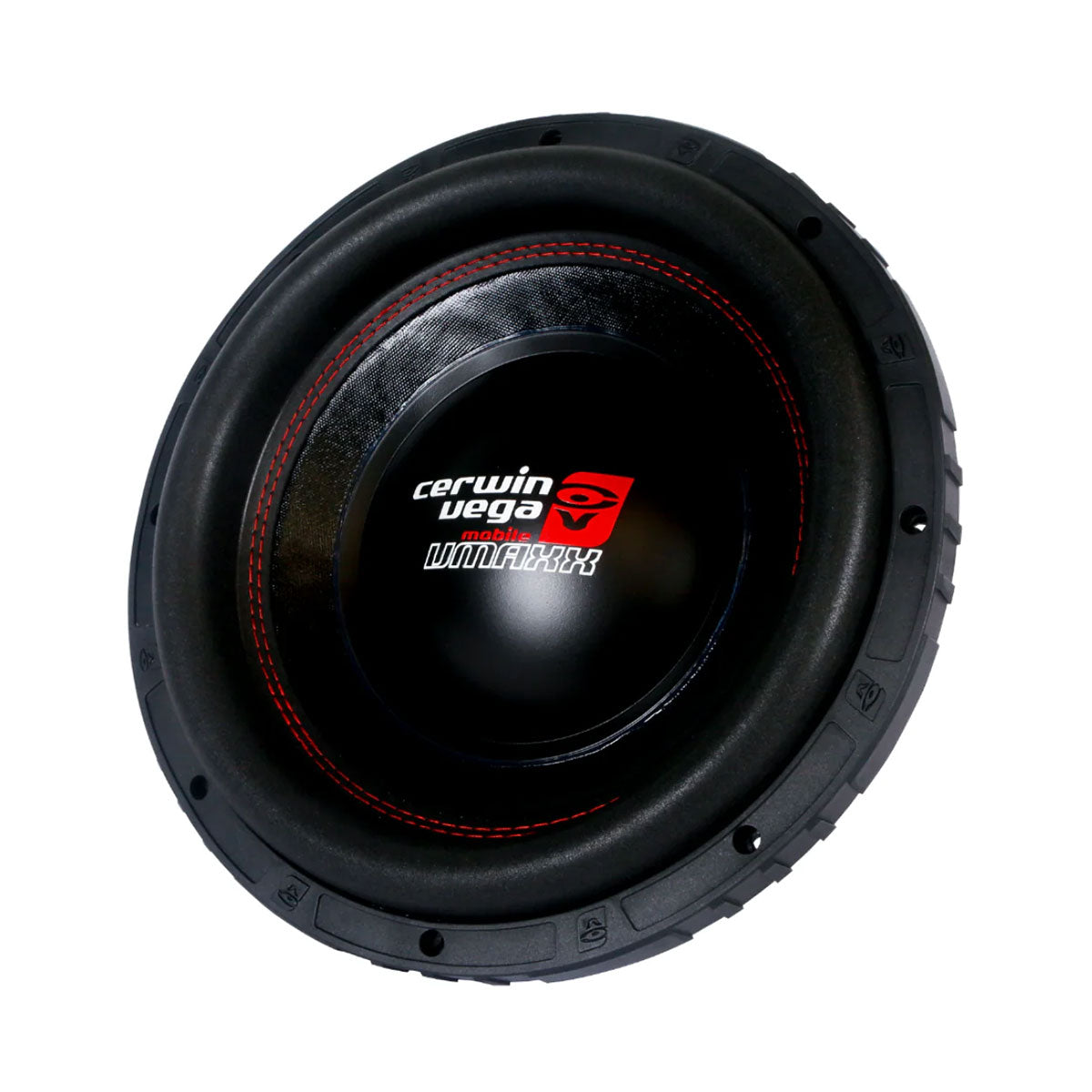 The VMAXX 15" DVC High-Performance Subwoofer (4Ω) - VMAX15D4 is designed for car audio with a black, circular profile. It features a glossy label with white brand text and red logo at the center, rugged outer rim with red stitching, and tire tread-like edges, perfect for any vehicle setup.